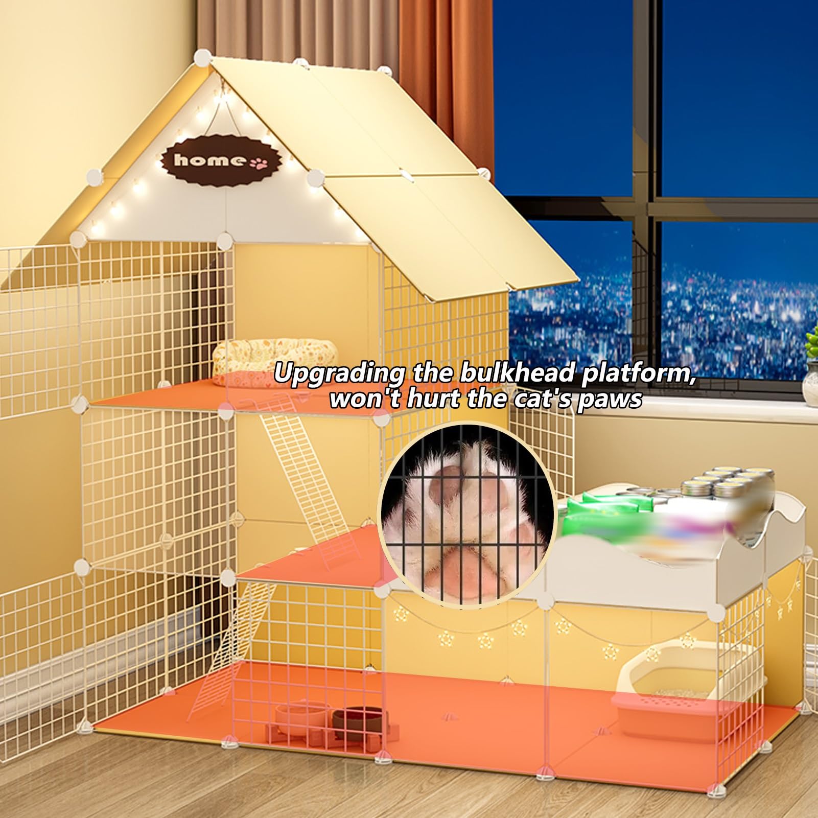 Gabbia per gatti a più livelli con rampa e scale, recinzione interna rimovibile per giocare e rilassarsi in sicurezza di piccoli animali domestici