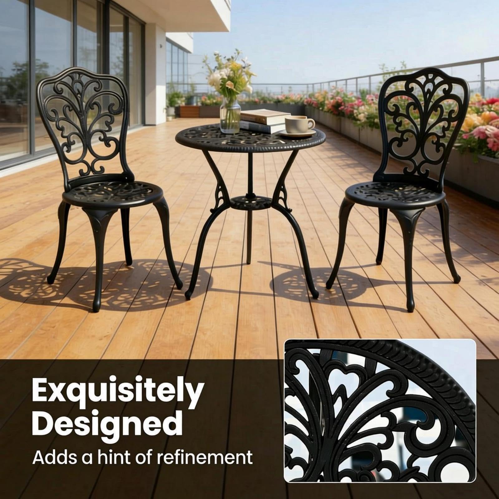 GIANTEX Set Tavolo da Bistrot in Fusione di Alluminio Set da 3 Pezzi Tavolino con 2 Sedie per Giardino Balcone Bordo Piscina, Colore Verde Bronzo/Bianco (Nero)