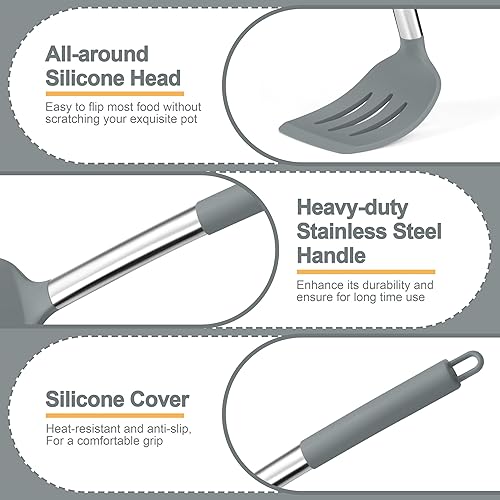 Miniatura 3 de P&P CHEF Juego de 4 utensilios de cocina de color gris, espátulas sólidas de silicona, cucharas ranuradas para utensilios de cocina antiadherentes,