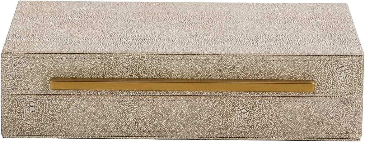 Kingflux Ivory Shagreen Decorative Box For Keepsake And Memory, Faux Leather Storage Box Jewelry Organizer Wooden Home Organizer Box For Accessory With Brushed Gold Handle (Ivory)