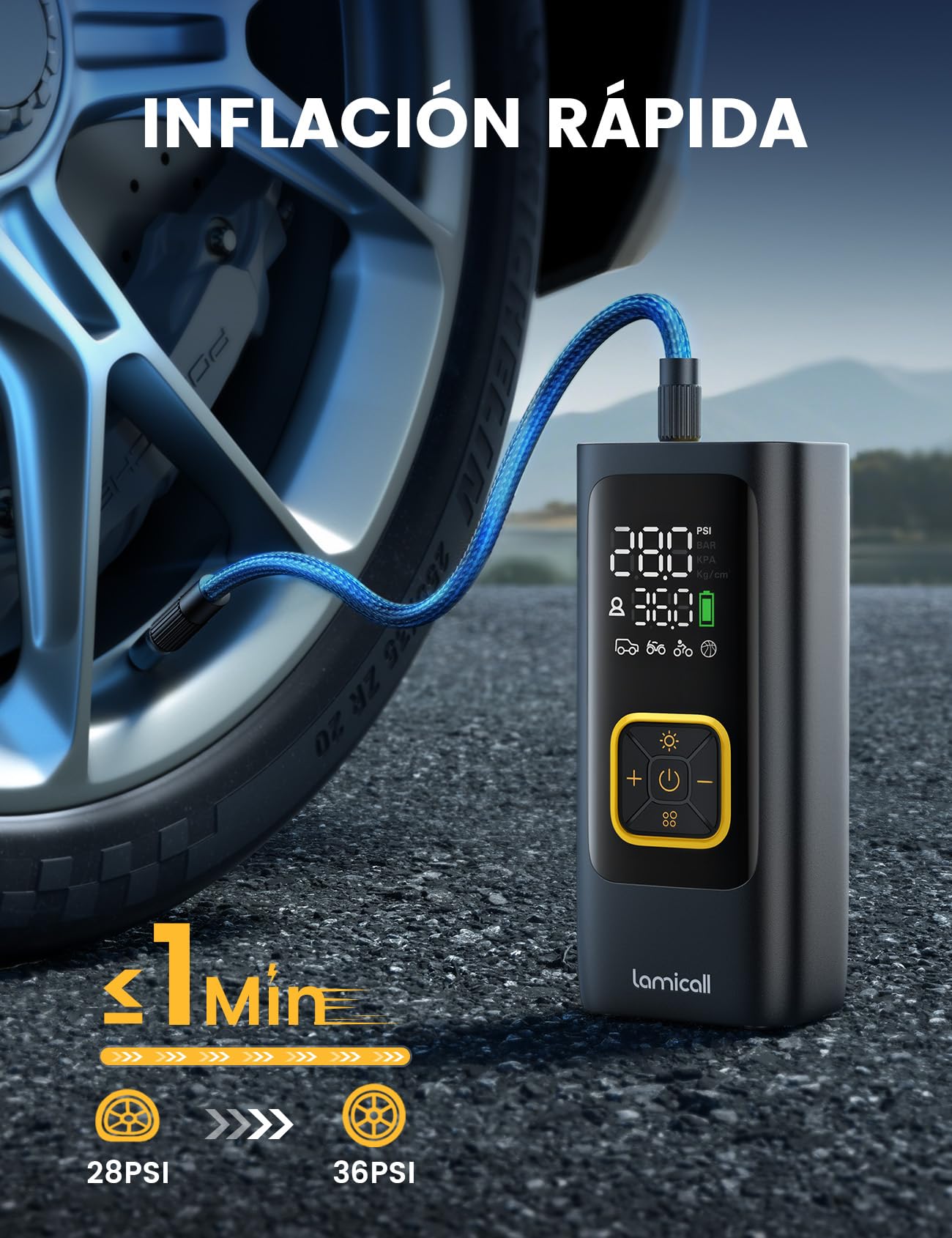 Lamicall Bomba Eléctrica de Bicicleta, Inflador de Neumáticos Portatil - [6000 mAh Batería] con Luz LED, Compresor Aire Portatil de 150 PSI con 3 Boquillas, Inflador Rueda para Coche/Moto/Bicicleta