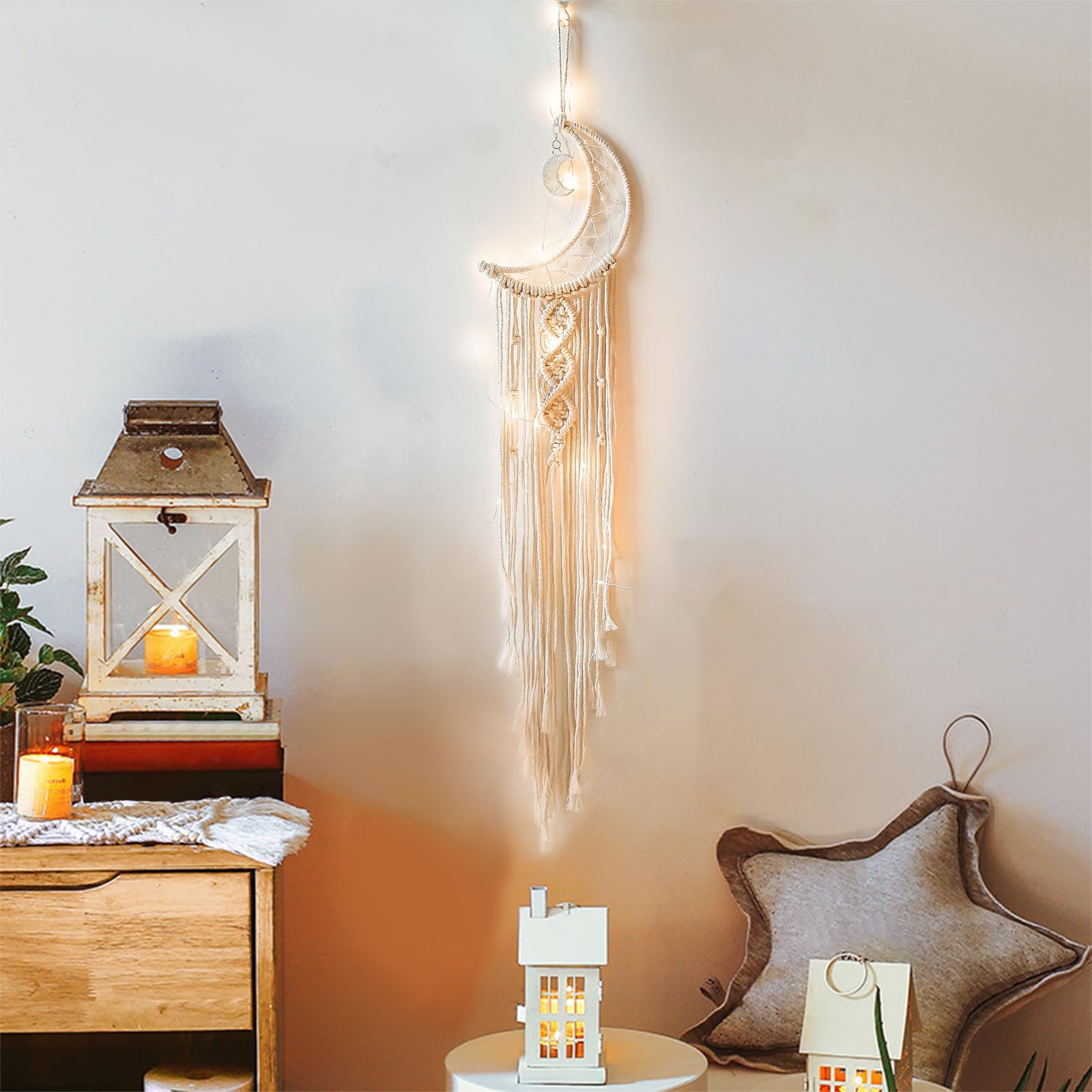 Yimerlen Moon Dream Catcher,Lighted Dream Catcher, Handmade Dream Catcher for Boho Wall Decor,Teen Girls Bedroom Decor,Dream Catchers Birthday Theme and Holiday Decoration Gifts.