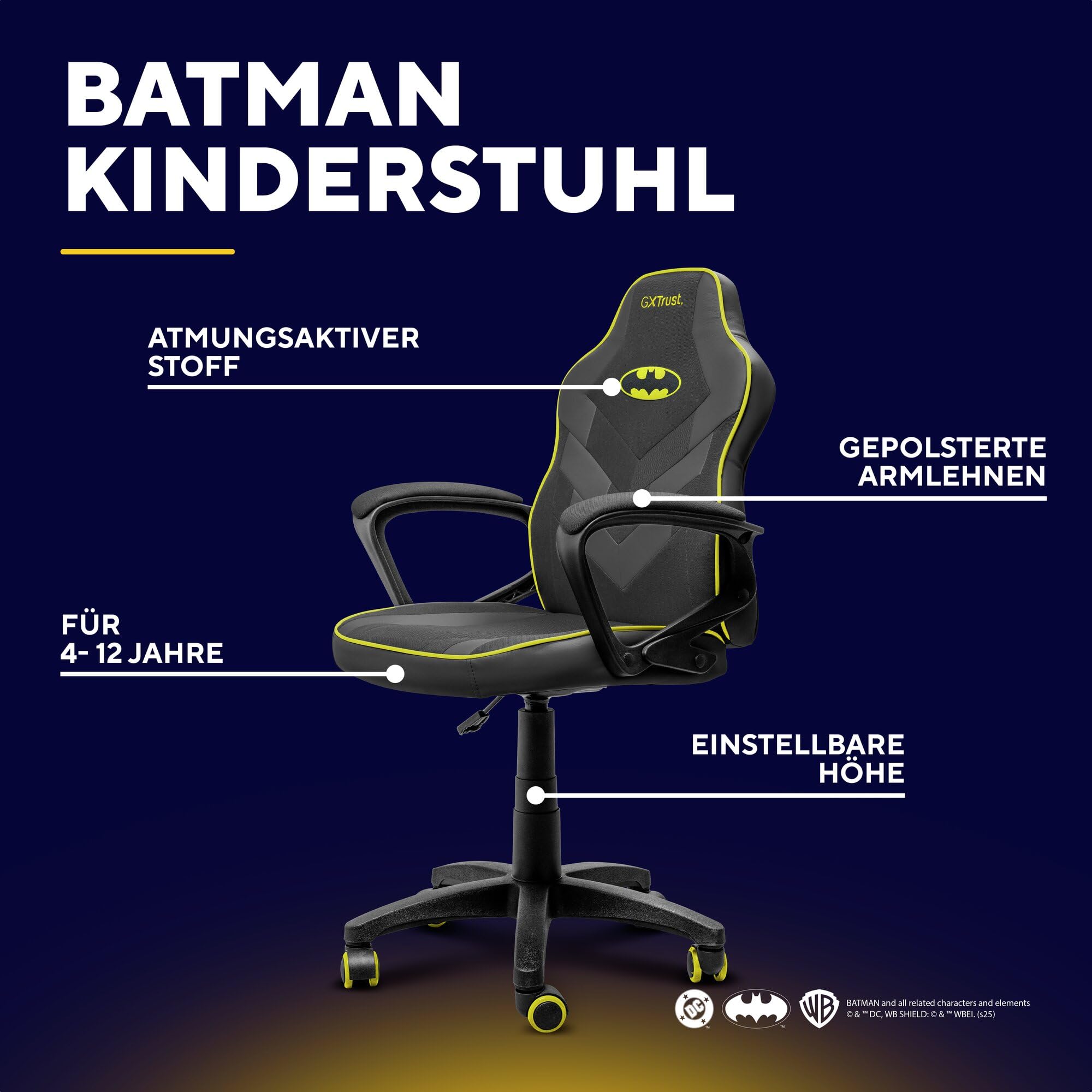 GXTrust Revvo Batman Lizenziert Gaming Stuhl für Kinder 4-12 Jahren | Gepolsterte Armlehne, Gasfeder Klasse 3, Stoffpolsterung, Höhenverstellbarer Schreibtischstuhl, Schwarz