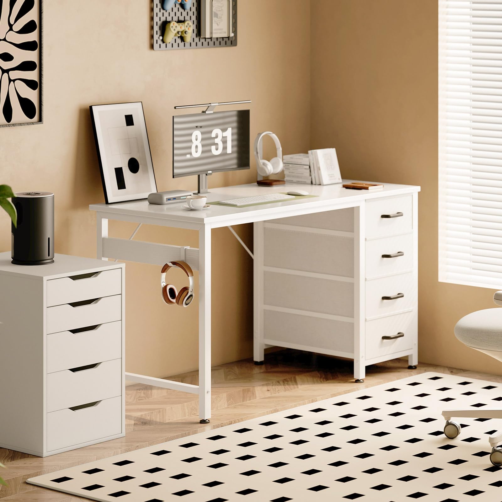 ODK Petit Bureau avec 4 Tiroir en Tissu, 100x48cm Bureau avec Rangement Table d'ordinateur avec Crochet pour Casque, Table Informatique pour Domicile, Blanc