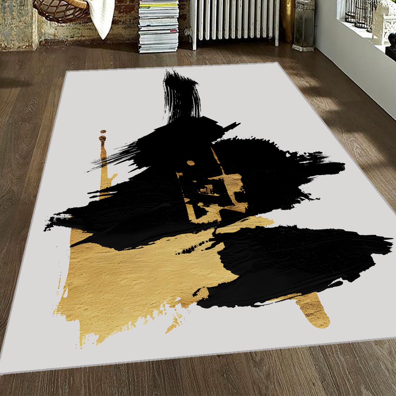 Tapis de salon moderne noir et blanc 120x150cm lavable à peinture abstraite