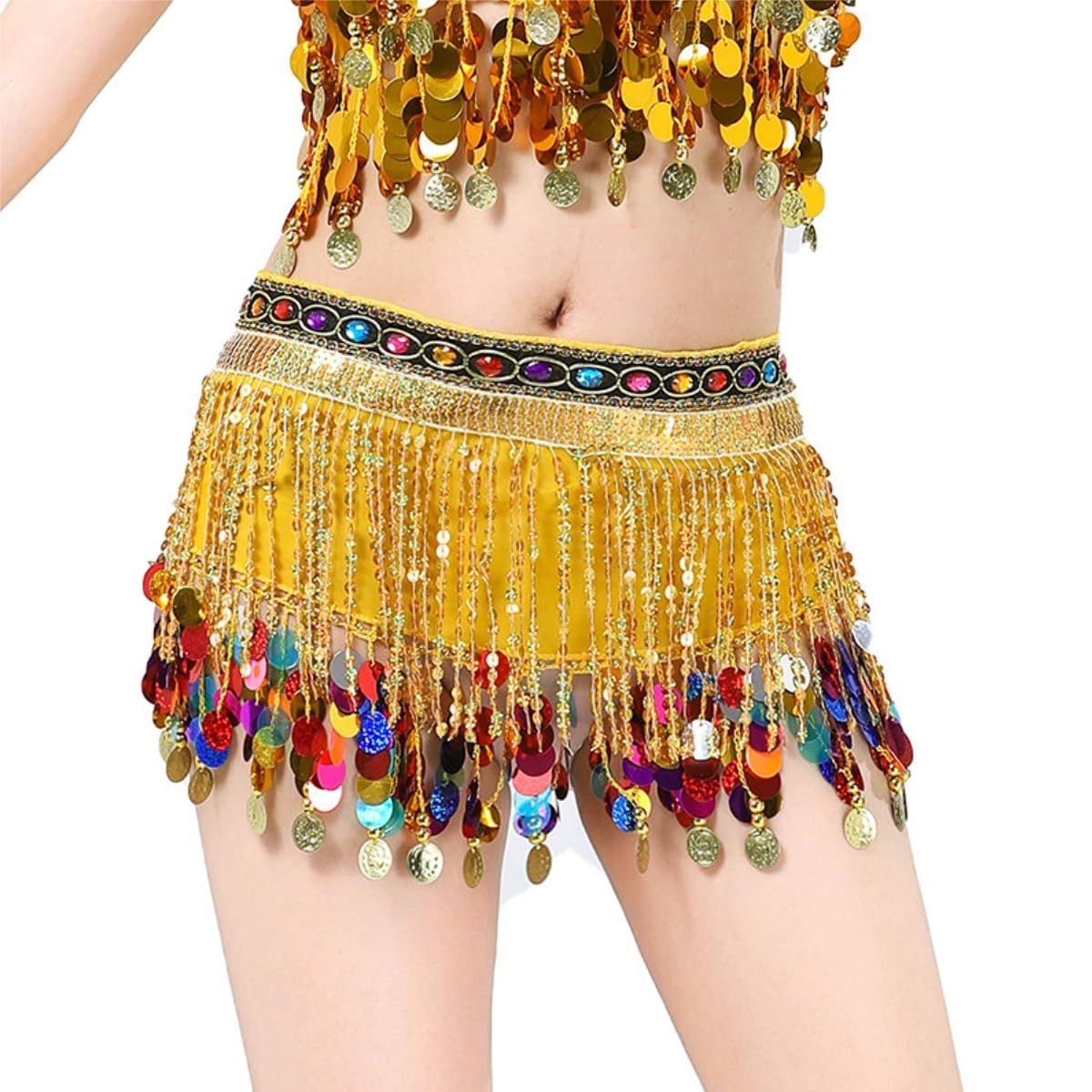 Sequin Belly Dance Hip Scarf, Womens Glitter Sequins Tassel Wrap Skirt, Sparkly Bling Fringe Tassel Latin Dance Coins Hip Belt Waist Scarf for Party Club Carnival Clubwear Rave Performance Outfits