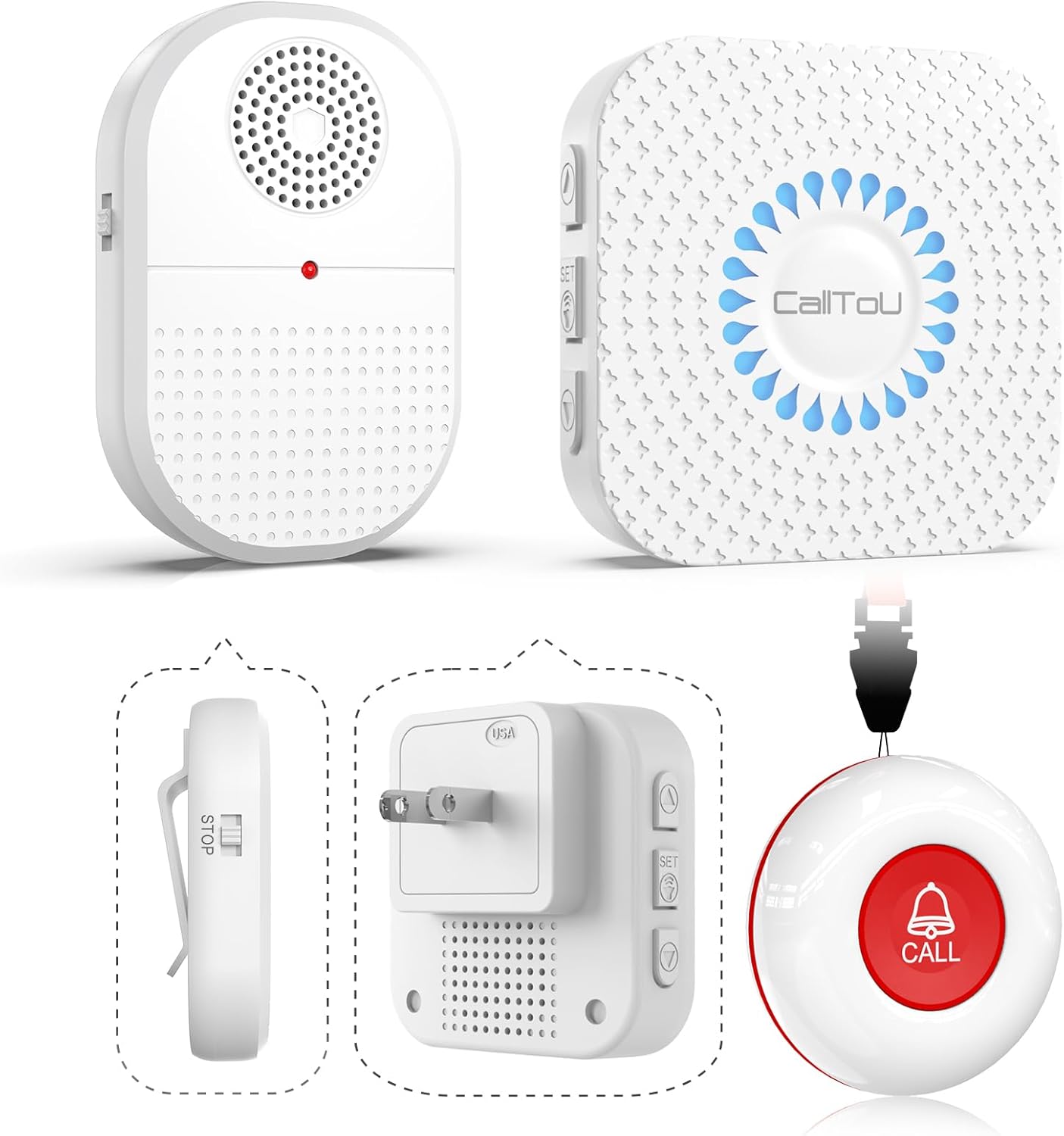 CallToU Caregiver Pager Call Button for Elderly at Home, 500ft Wireless Call Bell with 1 Portable Vibrating & 1 Plug-in Receiver, Waterproof Alert Button for Seniors, Patients, 2 Panic Buttons