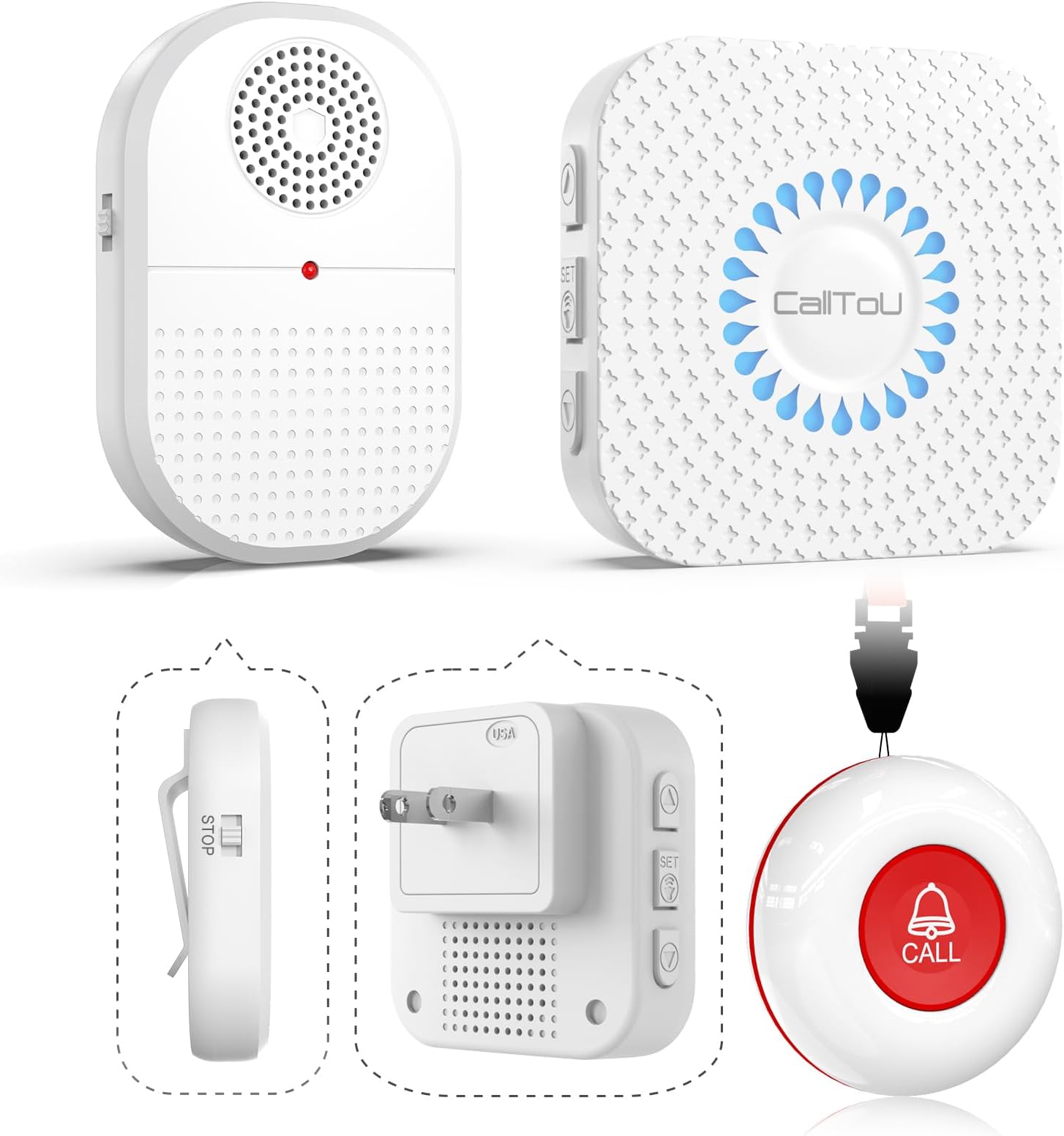 CallToU Caregiver Pager Call Button for Elderly at Home, 500ft Wireless Call Bell with 1 Portable Vibrating & 1 Plug-in Receiver, Waterproof Alert Button for Seniors, Patients, 2 Panic Buttons