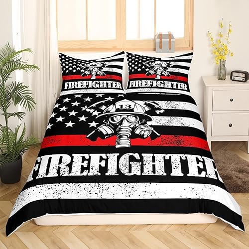 Miniatura 3 de Manfei Juego de funda de edredón de bandera estadounidense para niños, tamaño matrimonial, funda de edredón de bomberos con 2 fundas de almohada,
