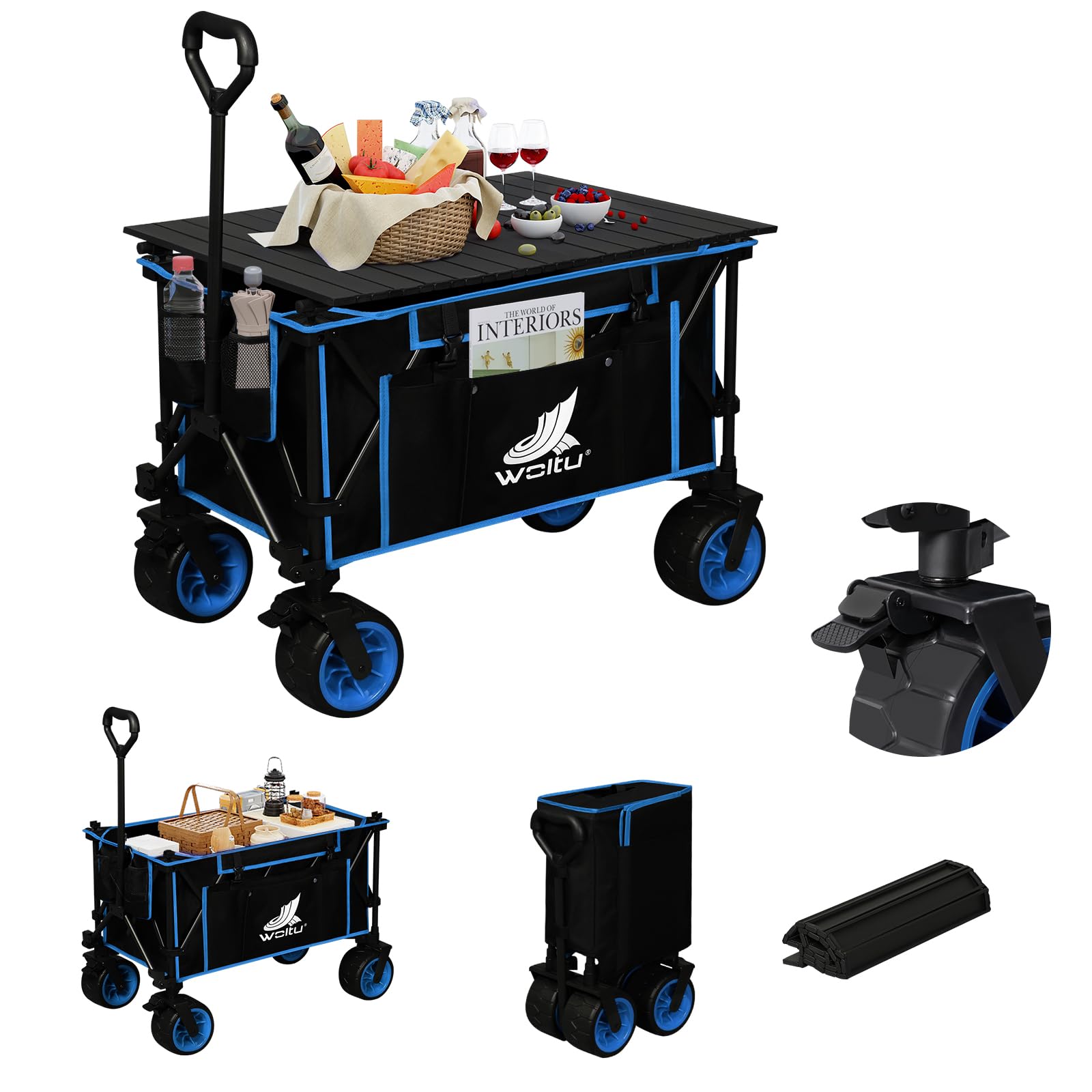WOLTU Chariot de Jardin à roulettes, Chariot Pliable avec Plateau Amovible, Capacité 120kg, en Tissu Oxford+Acier, Noir+Blue