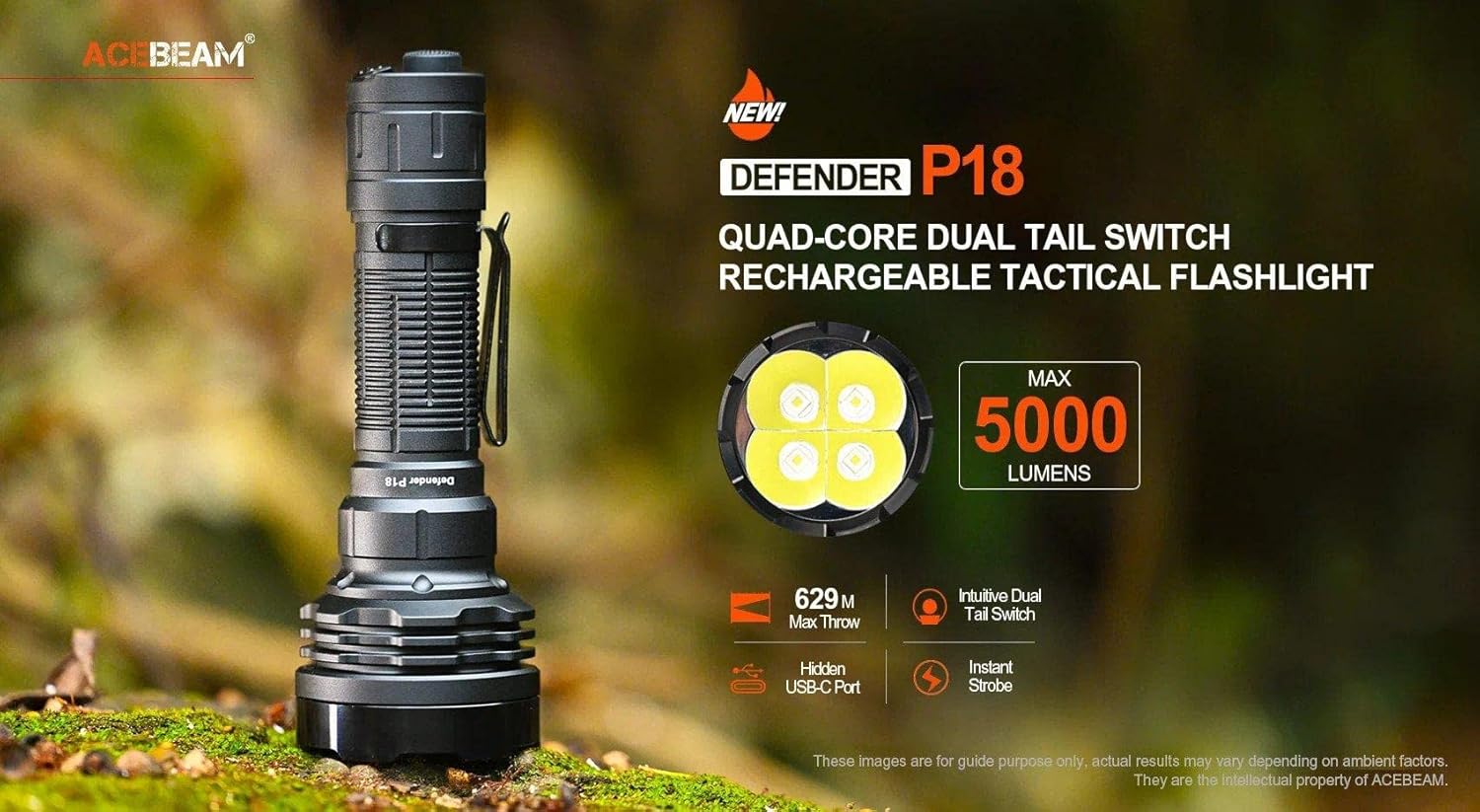 ACEBEAM Defender P18 Dual Switch Rechargeable Flashlight -5000 Lumens w/Eco-Sensa USB C Charging Cable