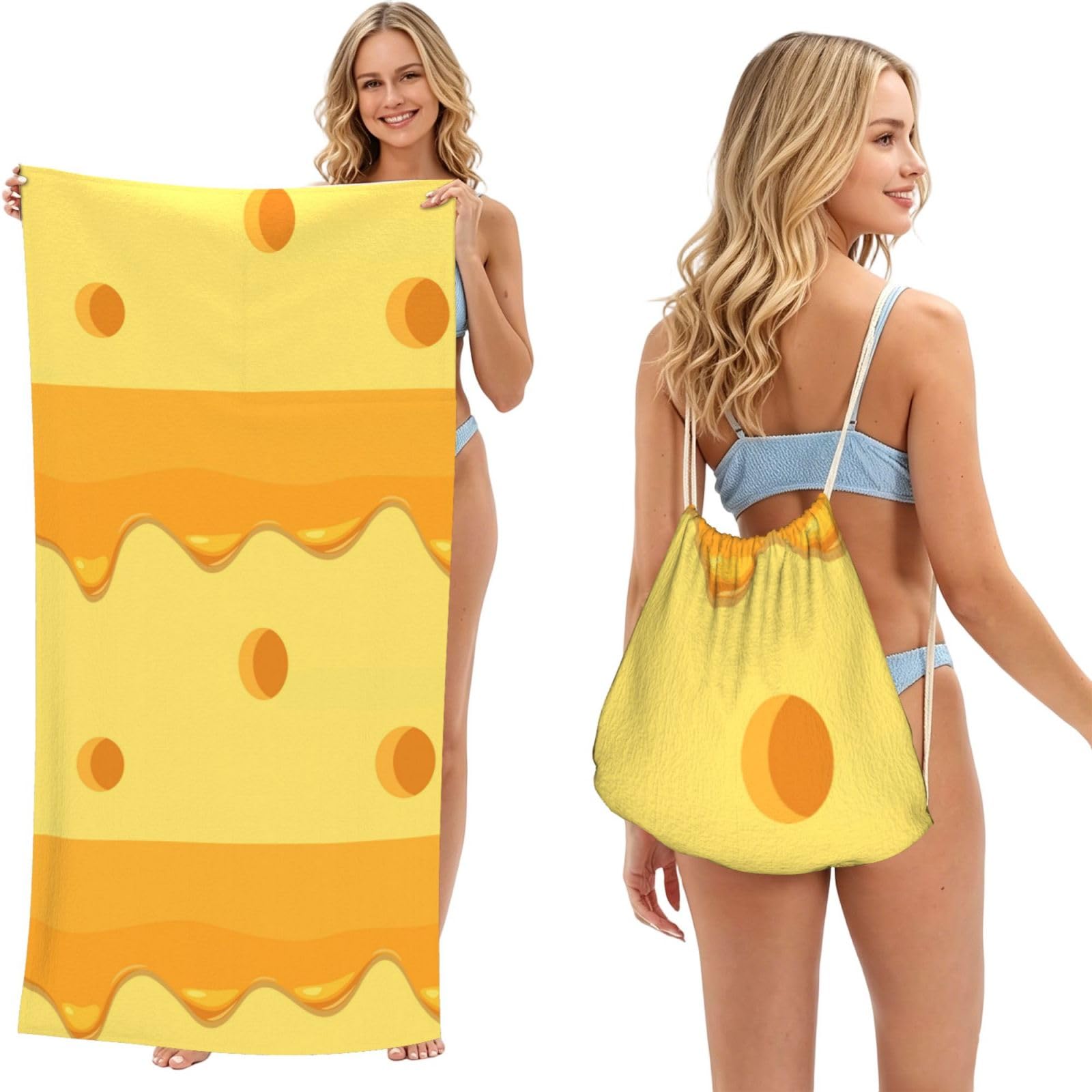 Poadnly As Picture Pasta Cheese Food Pattern, 2 In 1 Packable Towel Bag, Beach Towels With Drawstring Backpack For Travel Holiday Camping