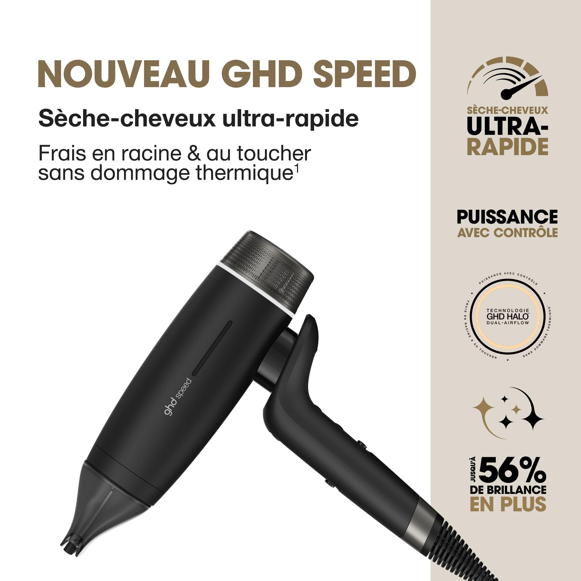 ghd - Sèche-cheveux ghd Speed - Seche cheveux professionnel (Noir mat) - Ultra-rapide, séchage puissant avec contrôle, sans dommage thermique, frais en racine/au toucher - Recommandé par les coiffeurs