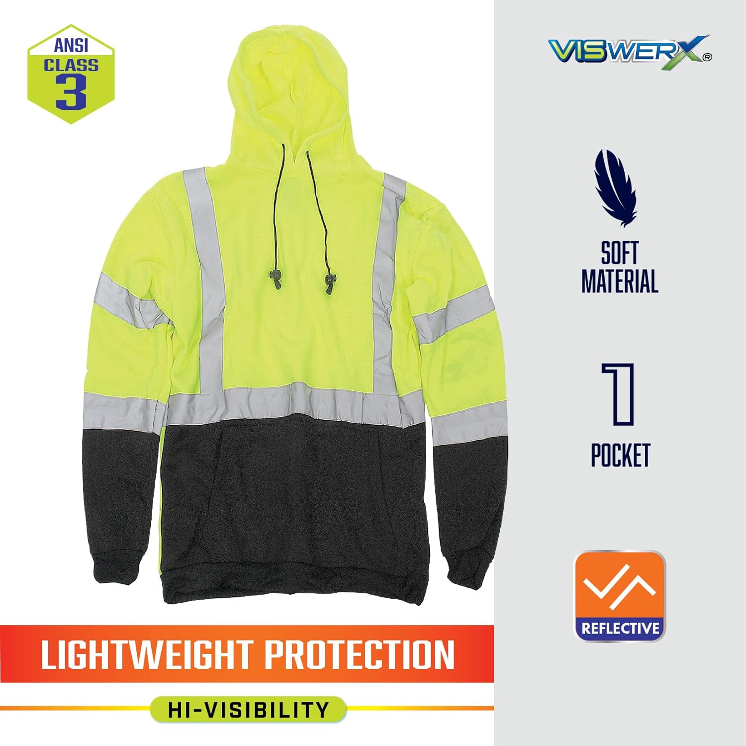 Hi-Vis Pullover Hoodie – ANSI CL3 – Reflective Hoodie for Work, Construction & High-Traffic Areas, Hooded Sweatshirt