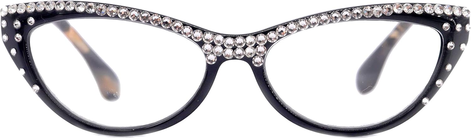 NY FIFTH AVENUE The Lynx, Cat Eye Full Top Women Bling Reading Glasses Adorned with Clear Genuine European Crystals Cat eye Black Frame