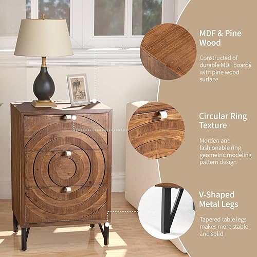 Miniatura 6 de SUNBURY Cómoda con 3 cajones, cómoda de mediados de siglo con patrón de círculos concéntricos, cómoda con cajones de almacenamiento, mesita de noche