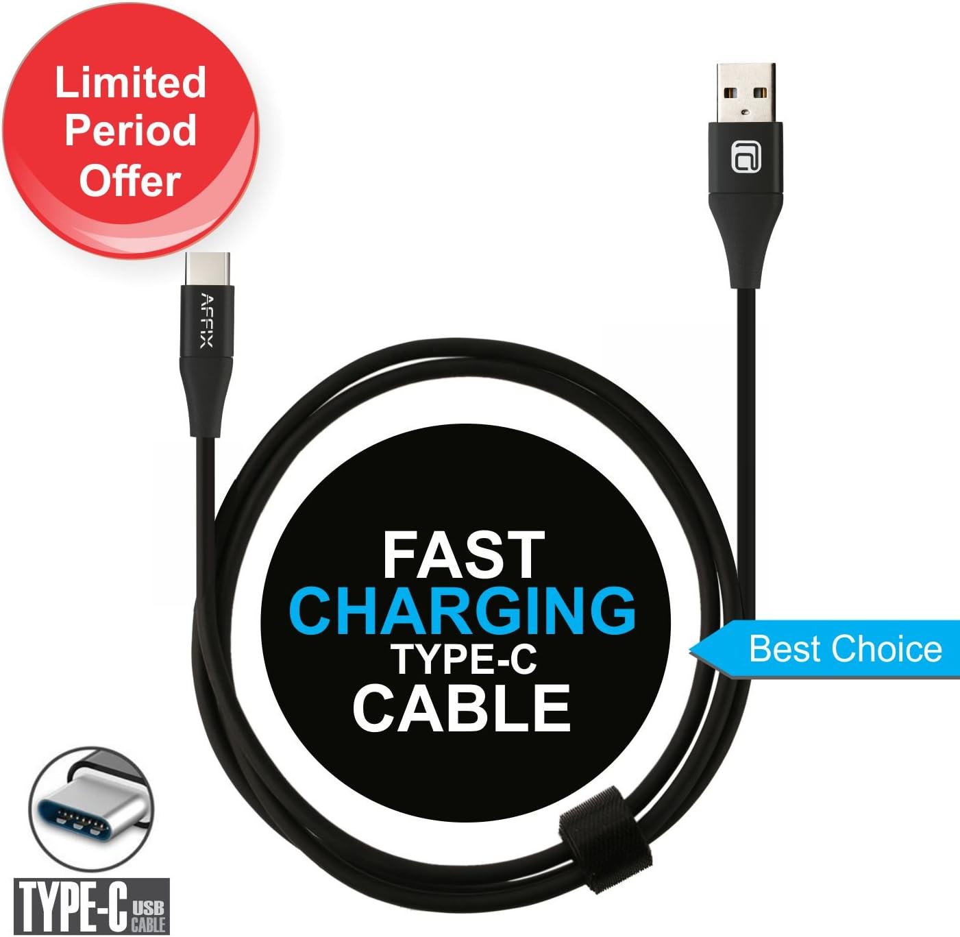Affix 1.5M 2.4 Amp Type-C USB Data Sync & Fast Charging Cable for All Type C Devices (Black)