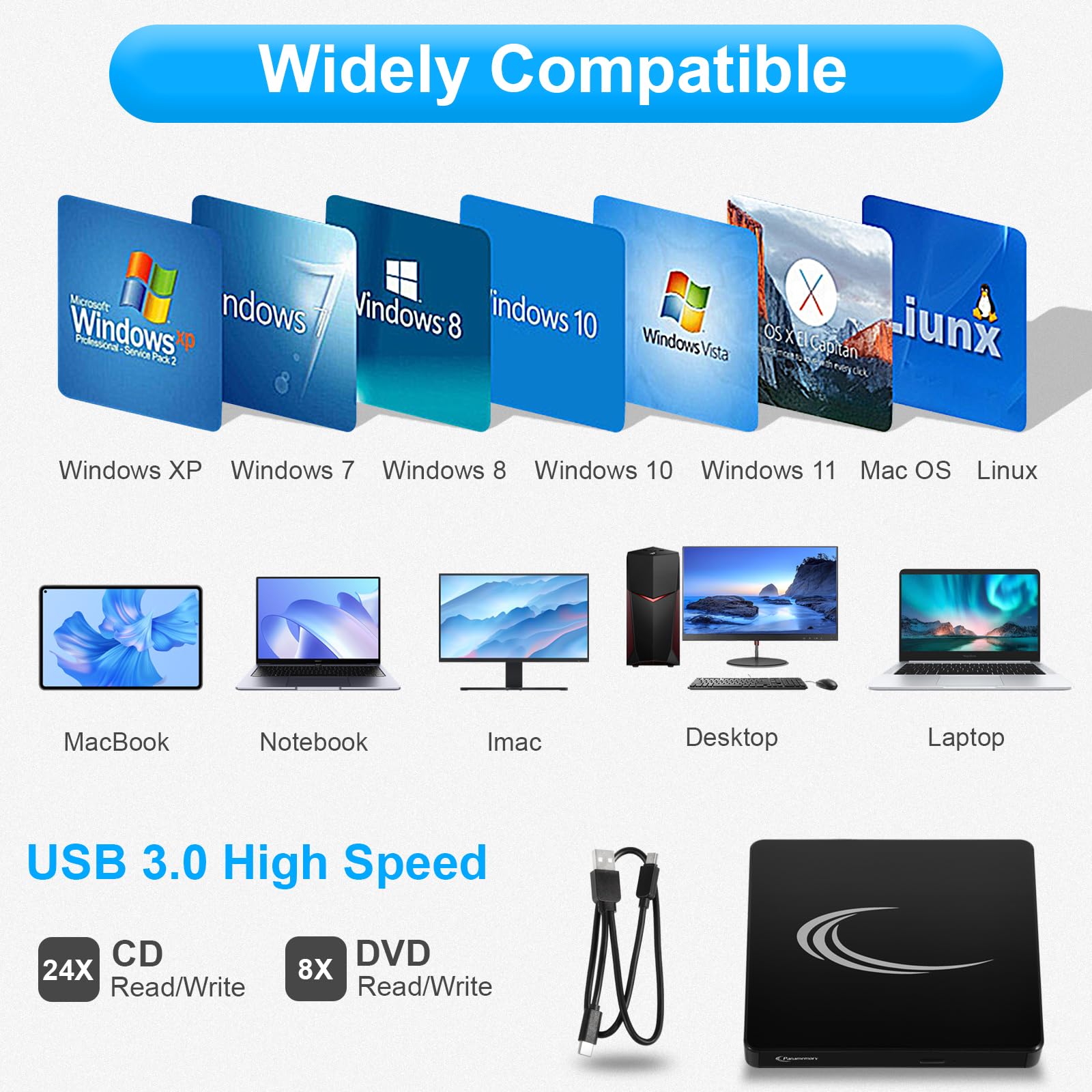 Masterizzatore DVD Esterno, Lettore CD Esterno per PC Portatile Unità Esterna USB 3.0 DVD-R CD-RW Drive Dispositivo Ultra Slim Per Laptop Windows 98/ME/ 2000/XP/Vista/7/8/10/11 Nero