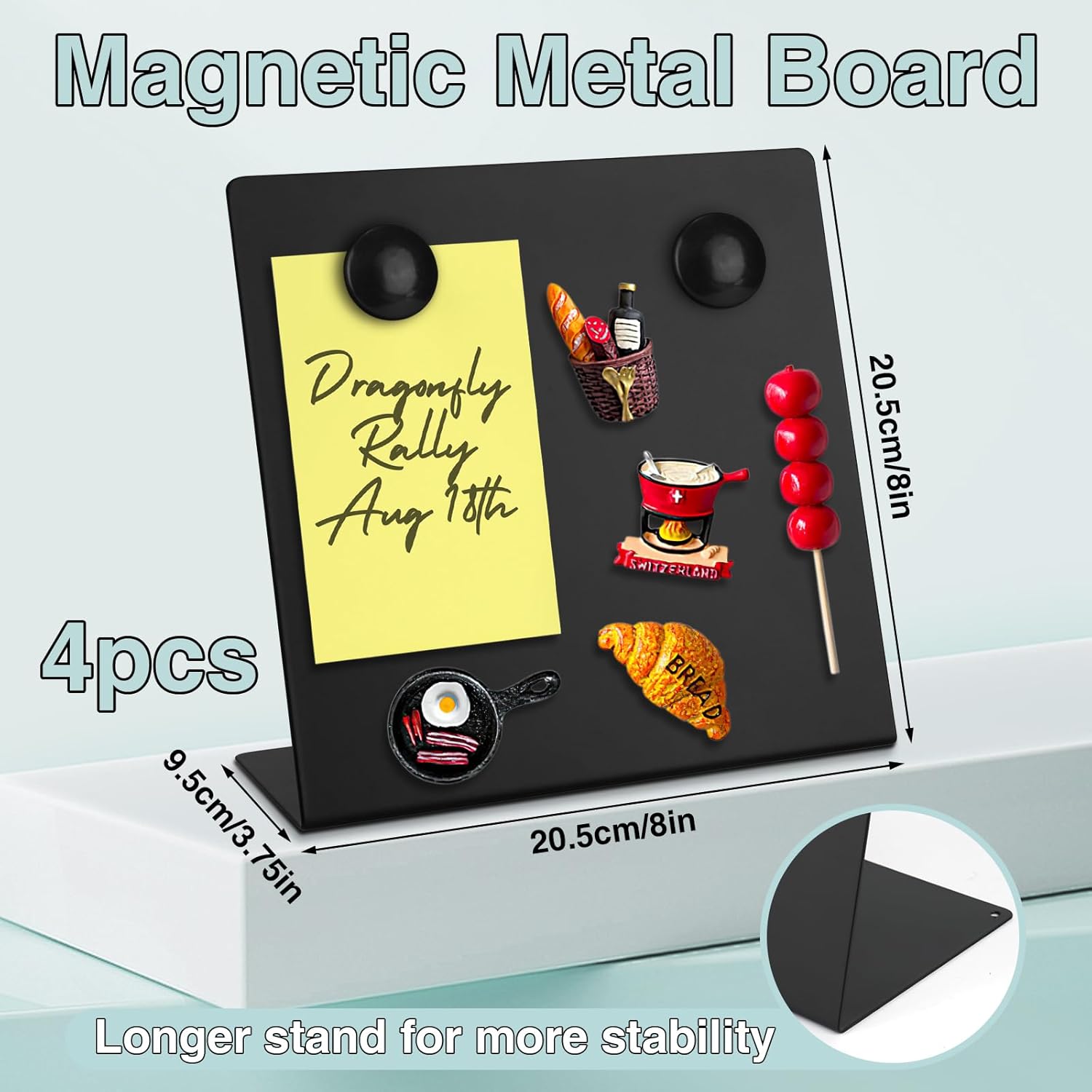 4 Pcs Magnetic Bulletin Board with Stand, 8x8inch Magnetic Display Board, Metal Tabletop Memo Board, Black Message Board with 8 Magnets for Home Kitchen School Office