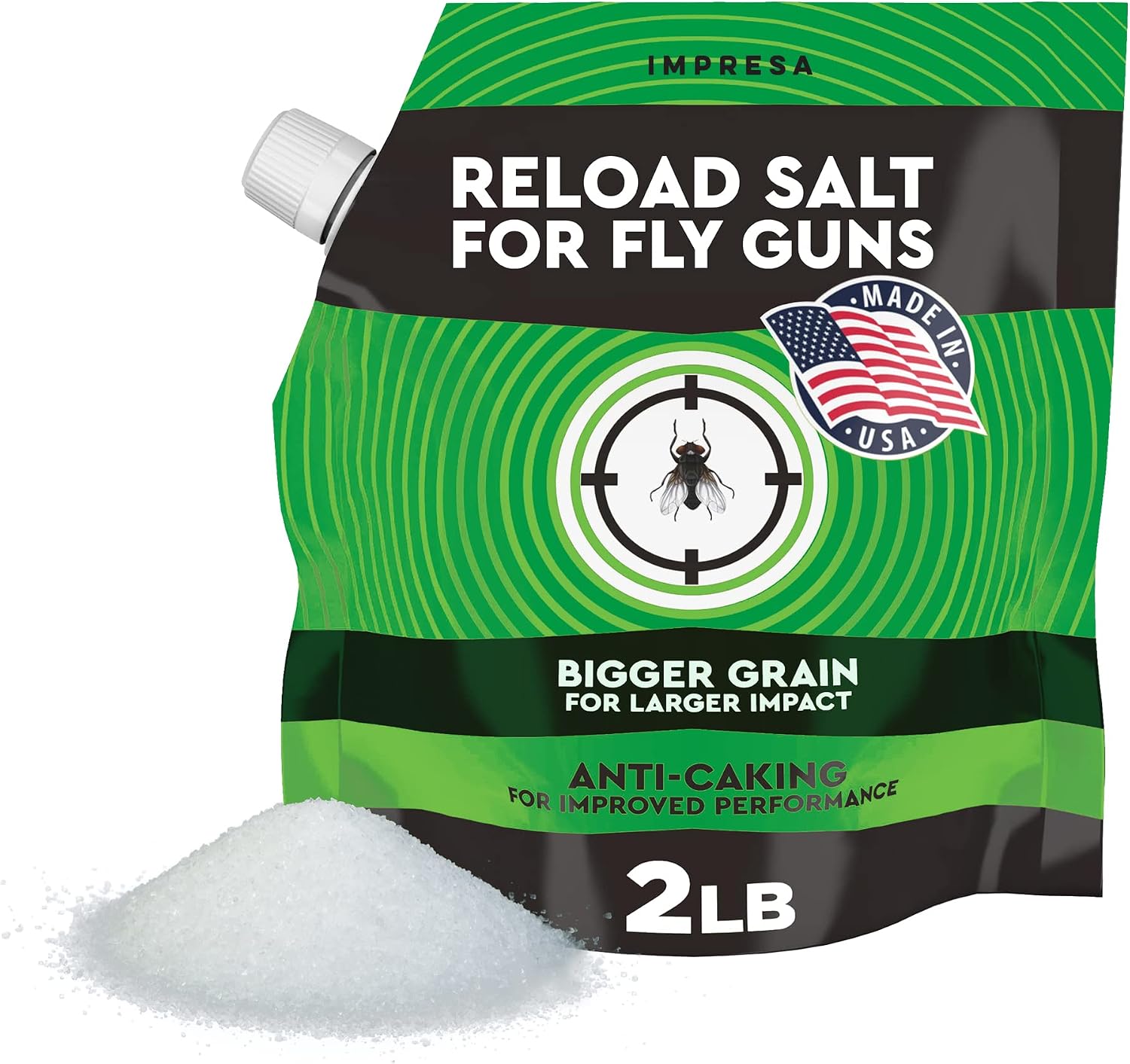Impresa 2 lbs. Fly Salt for Fly Shooters – Made in The USA – Large Grain Salt for Fly Shooter - with Pouring Spout for Easy Loading – Non Caking