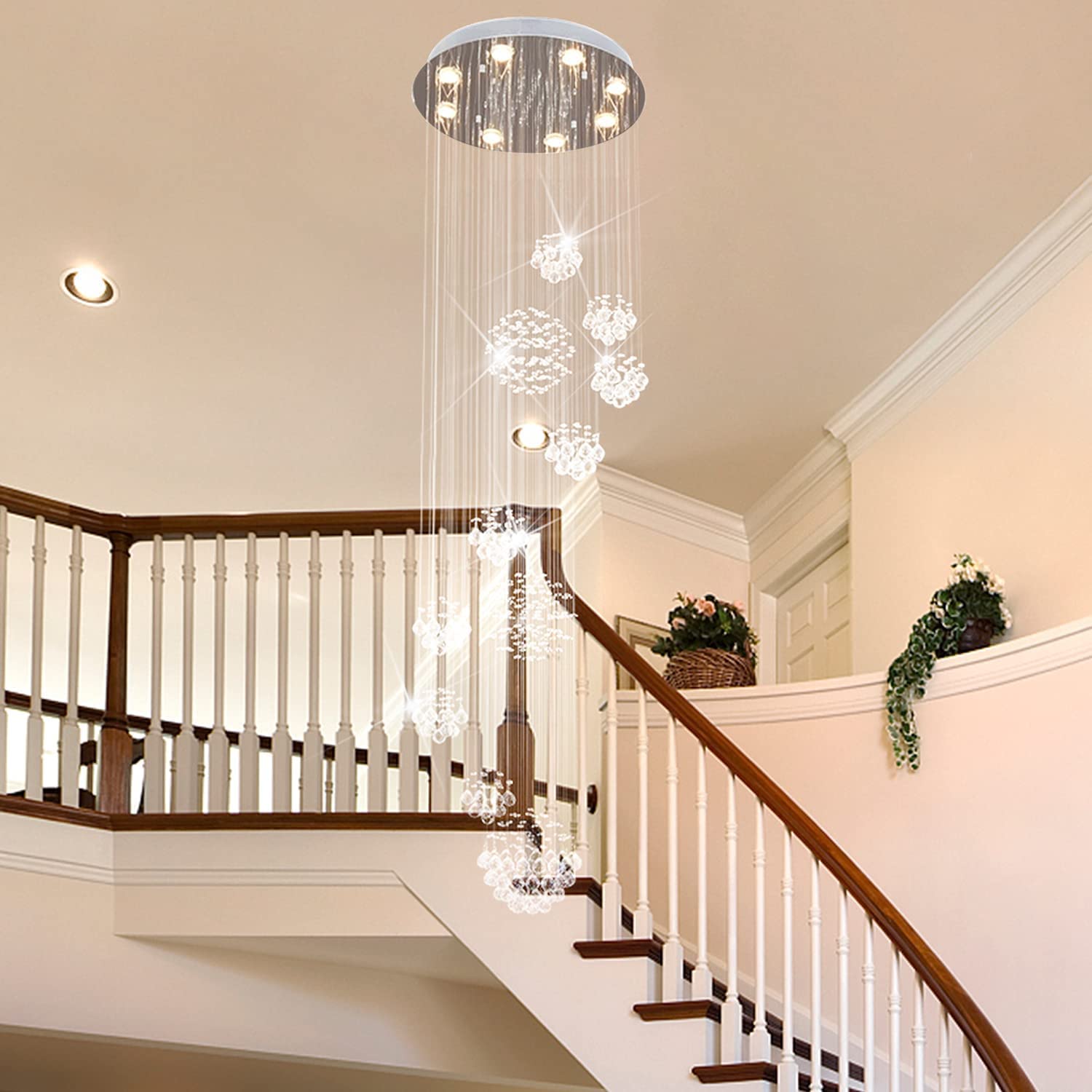 Staircase Chandelier, Luxury 11 Sphere Spiral Raindrop Crystal