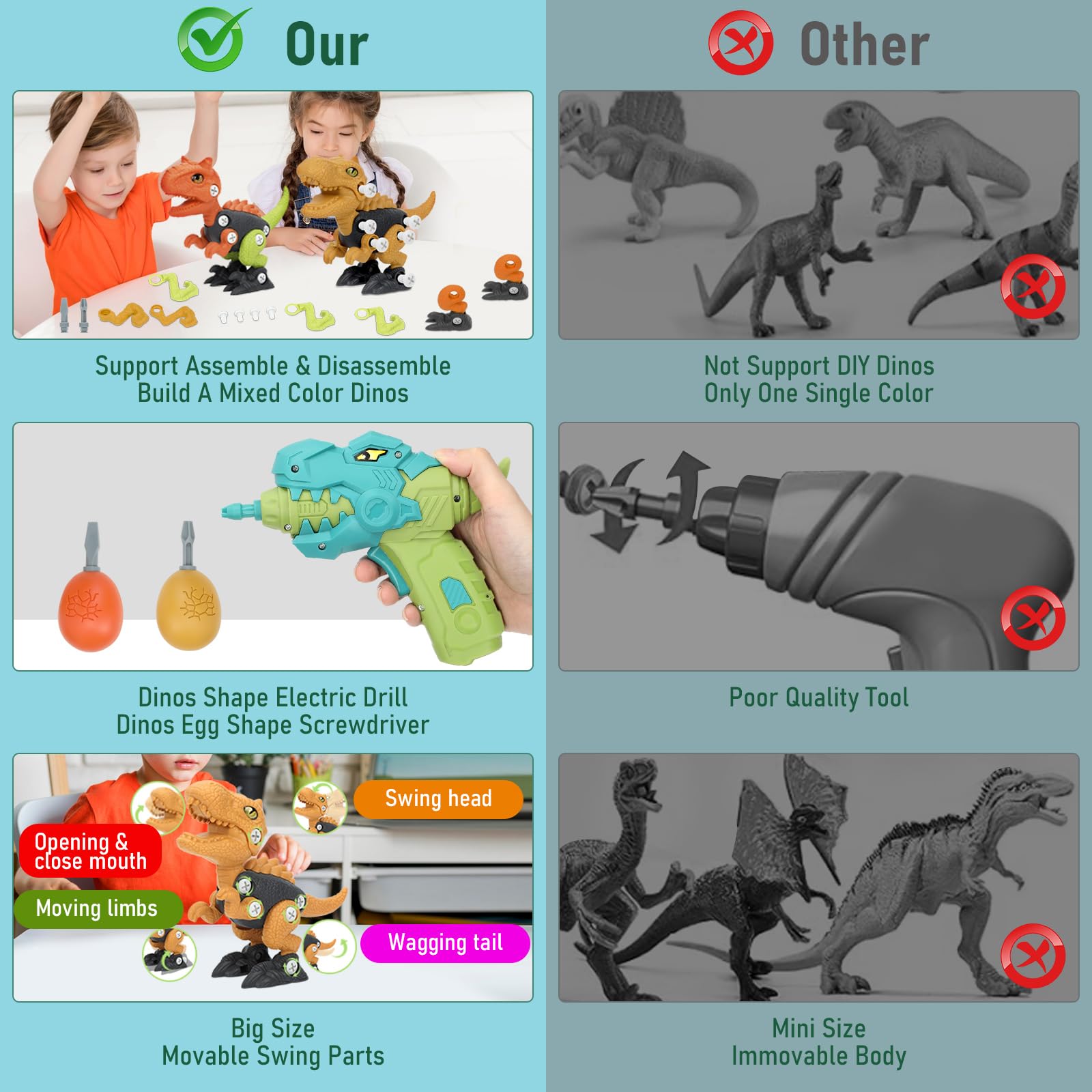 NORYOSE Dinosaur Toys for 3, 4, 5, 6, 7, 8 Year Old Boys, Kids Take Apart Toys with Electric Drill STEM Construction Building Educational, Party Christmas Birthday Gifts for Boys Girls