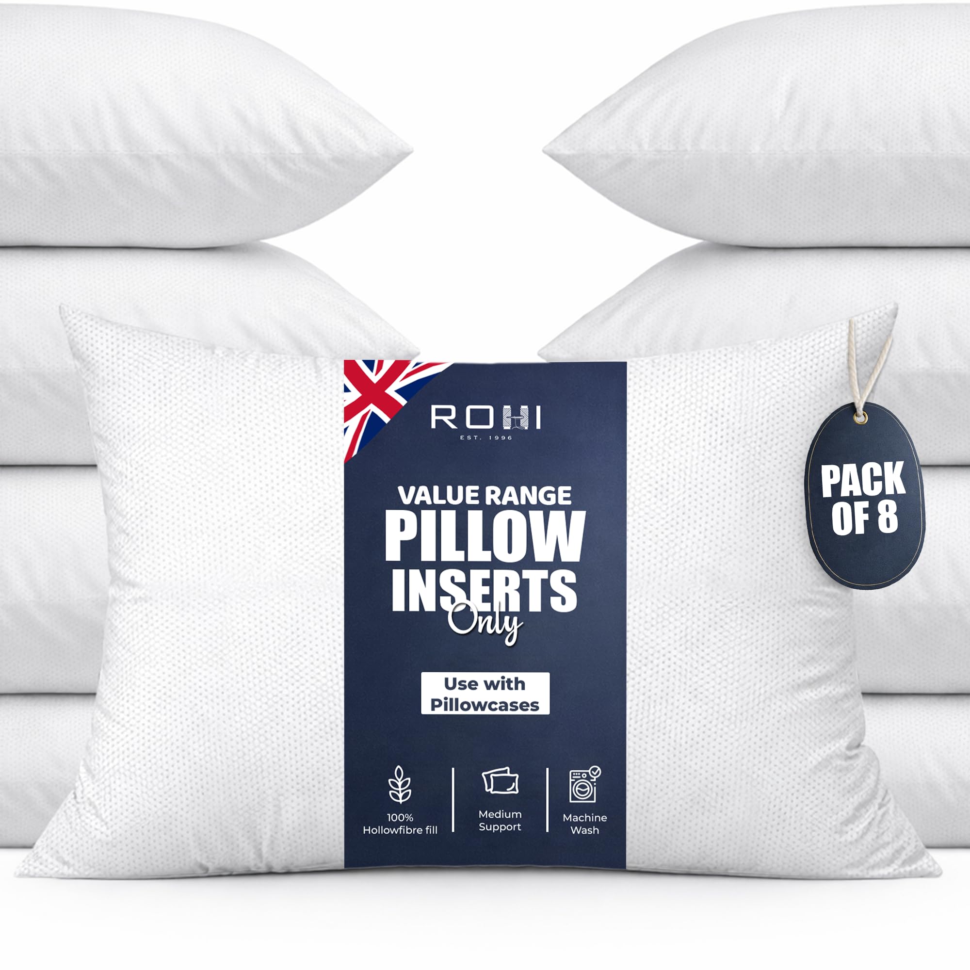 Rohi Value Range Pillows 8 Pack | Neck Support Hypoallergenic Pillow | Breathable Medium Firm Pillows for Back, Front & Side Sleepers | UK Made 45 × 66 cm