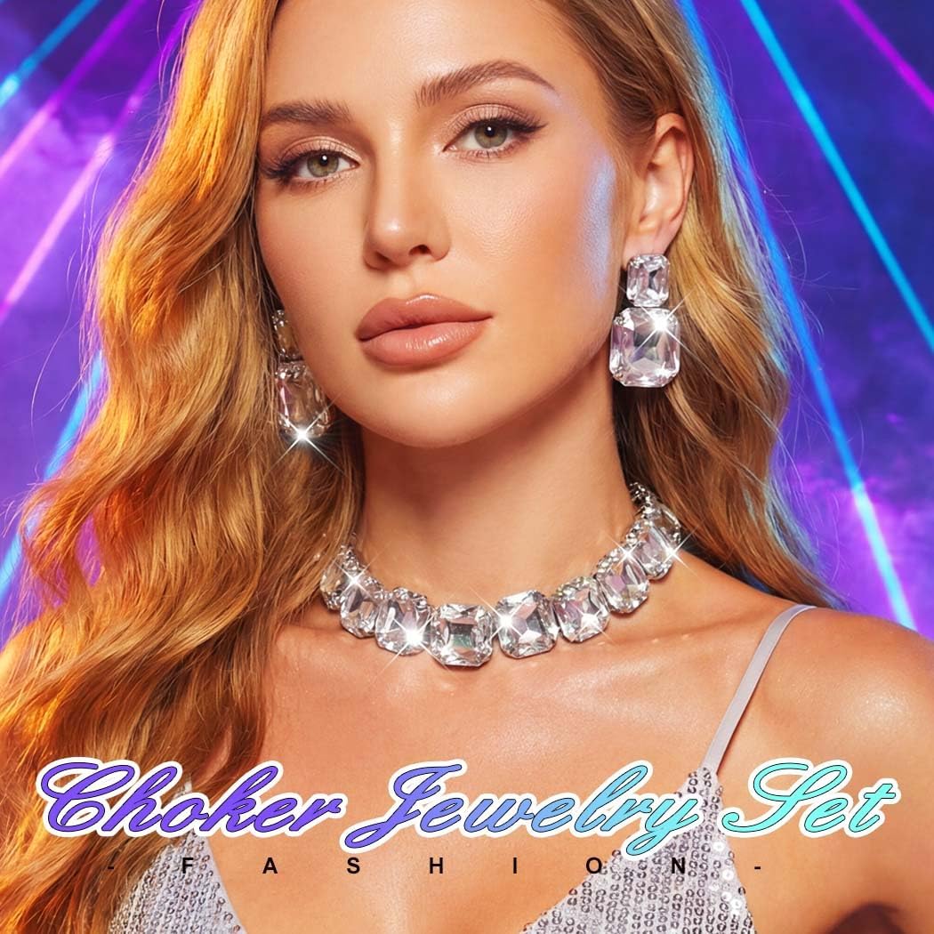 JEAIRTS Rhinestone Choker Necklace and Earrings Set Silver Bling Crystal Statement Prom Wedding Jewelry Sets for Women