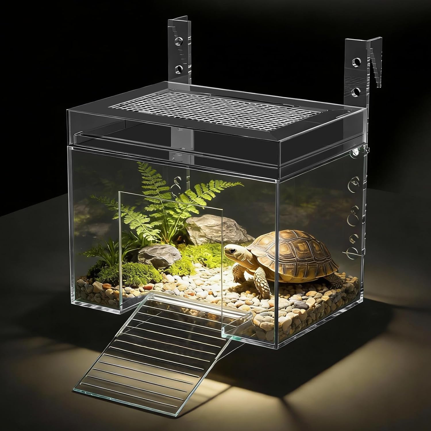 Adjustable Turtle Basking Platform, 7.8 x 5.5 x 5.5 Inch Above Tank Topper with Ramp for Small and Medium Aquatic Turtles, Transparent Acrylic Turtle Aquarium Dock Accessories