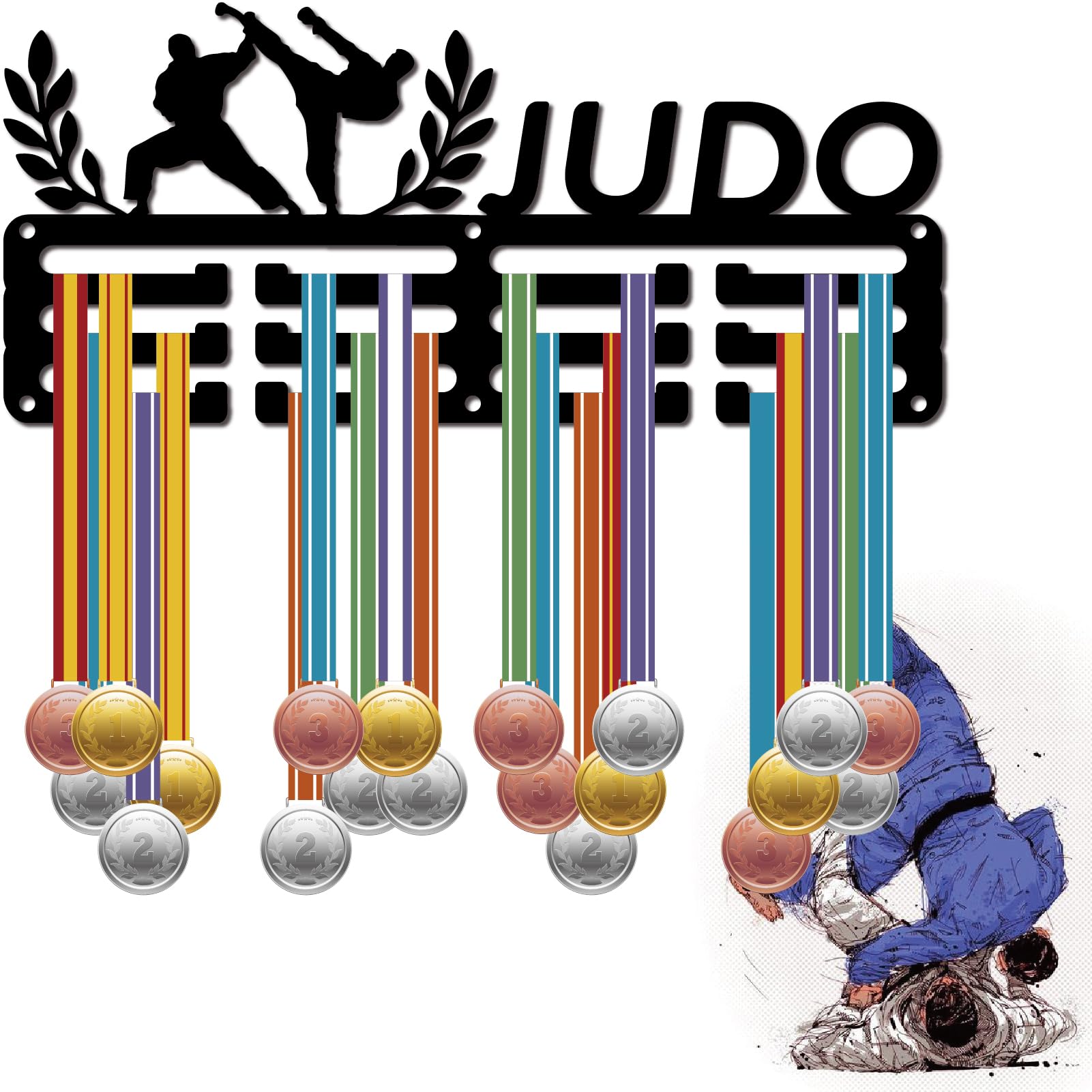 CREATCABIN Porte-Médaille Judo,Présentoir à Suspendre,Décoration Murale,3 Ligne,Peut Contenir Plus 60 médailles Sport,pour Les Amateurs Golf,Joueurs,Compétitions,Gagnants,Médaillés,29x13cm
