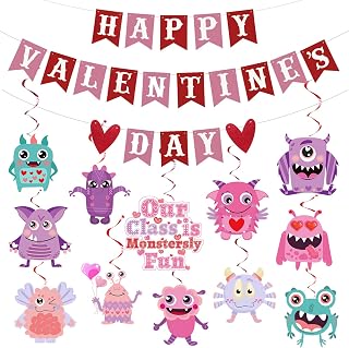 27 Pcs Valentine's Day Decorations Banner Kit - Love Heart Monster Cutouts & Hanging Swirls for Valentine Decor,February Bulletin Board,Valentines Day Party Supplies,Happy Valentines Day Decor
