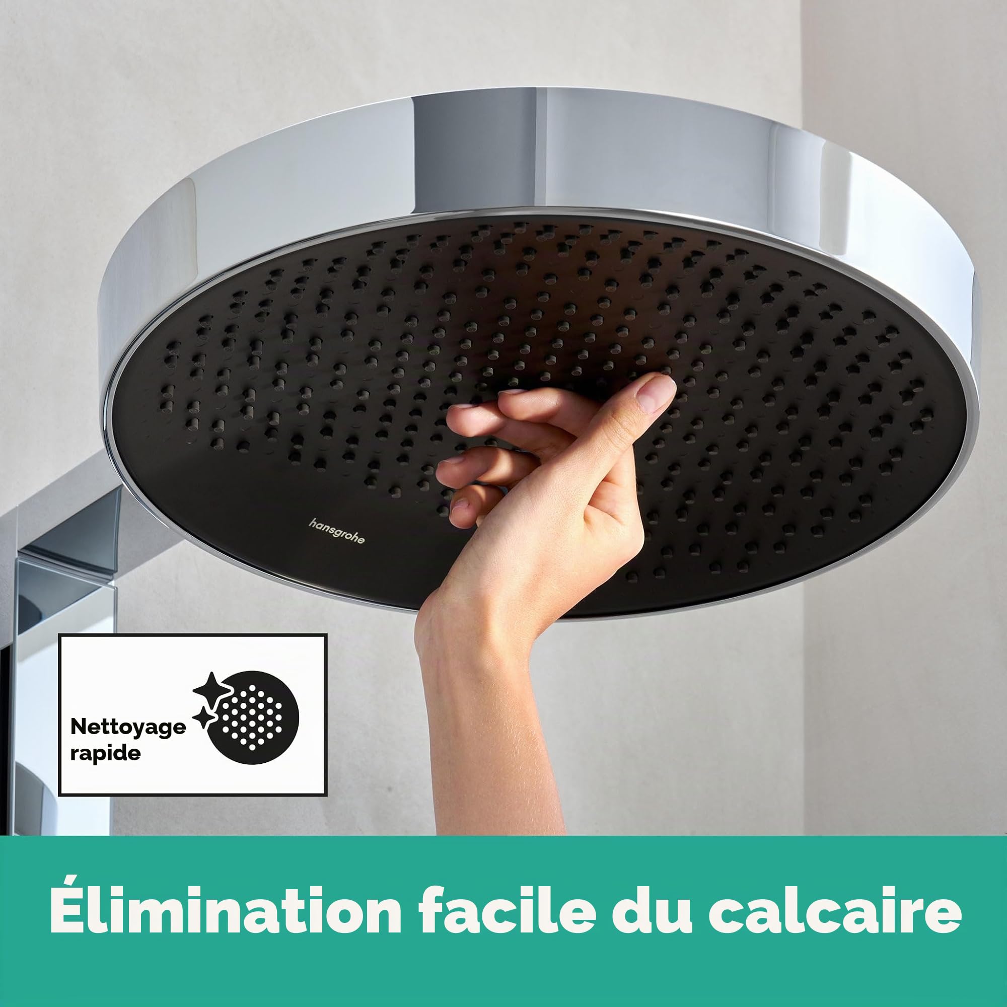 hansgrohe Rainfinity - Colonne de douche avec mitigeur thermostatique, douche pluie 360 mm avec robinet, douchette (3 jets), support, flexible, barre et douche de tête ronde 1 jet, Chromé, 26853000