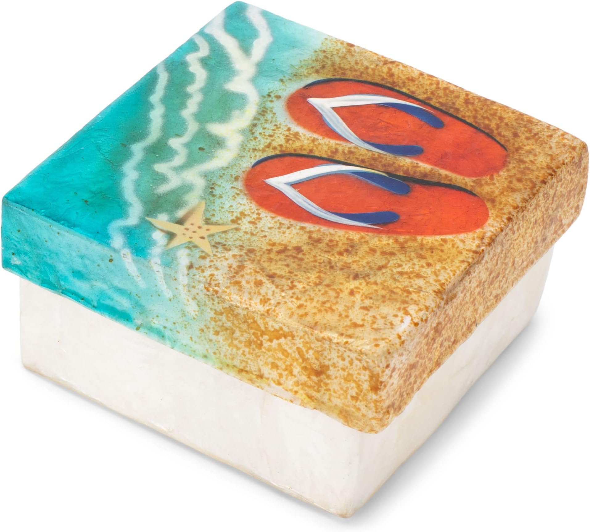 Cottage Garden Hand Painted Iridescent Capiz Shell Square 3 x 3 inch Keepsake Decorative Memory Trinket Jewelry Ring Earring Necklace Organizer Vintage Box with Lid, Blue Water Flip Flop Beach