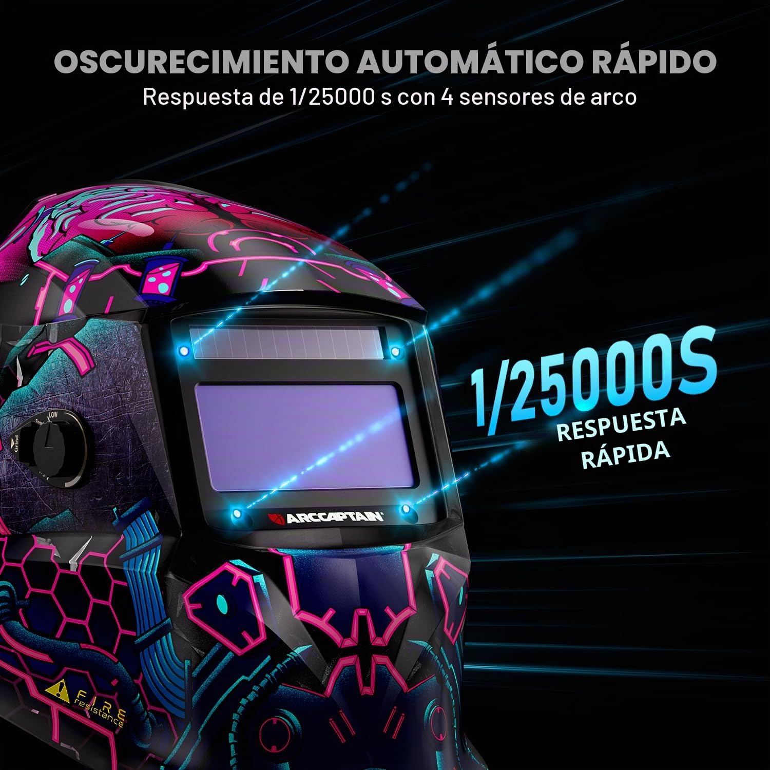 ARCCAPTAIN Casco de soldadura con pantalla de visualización grande, 1/1/1/1 de claridad óptica superior, oscurecimiento automático, sensor de 4 arcos, tiempo de respuesta de 1/25000s, casco de