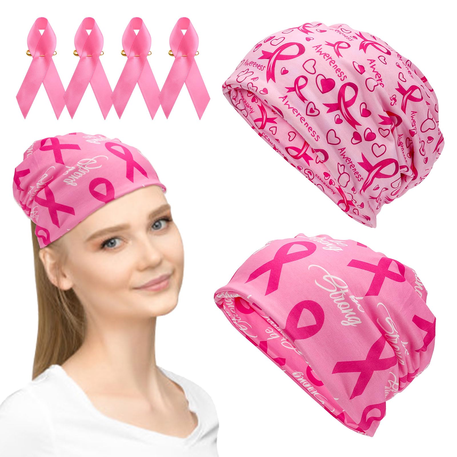WANDIC 2PCS Breast Cancer Beanie Caps