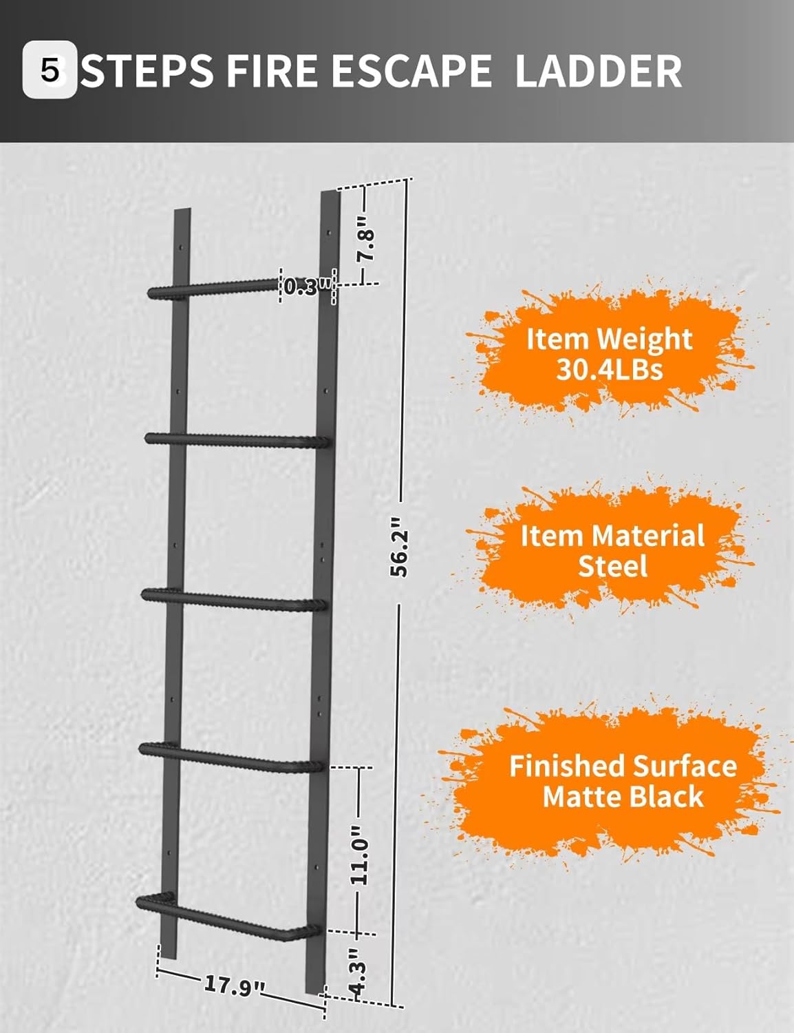 Diagram showing dimensions, weight, material, and finish of the 5-rung fire escape ladder