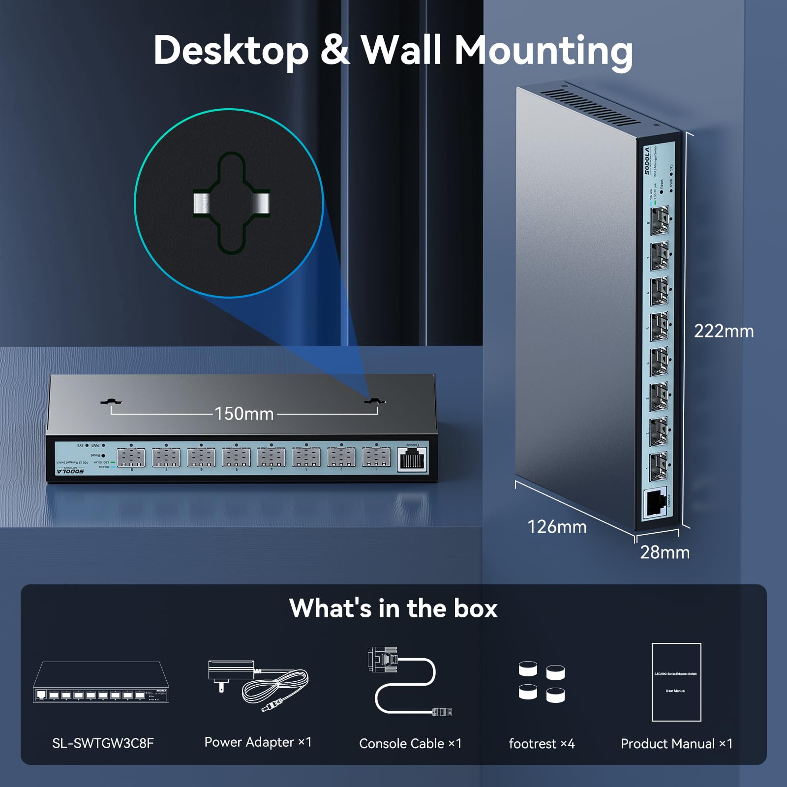 SODOLA 8-Port 10Gbit Switch, L3 Managed ,8X10G SFP+ Ports | Link Aggregation/QoS/VLAN/IGMP, Wandmontage, lüfterloser 10Gb Multi-Gig Netzwerkswitch Layer 3 Management
