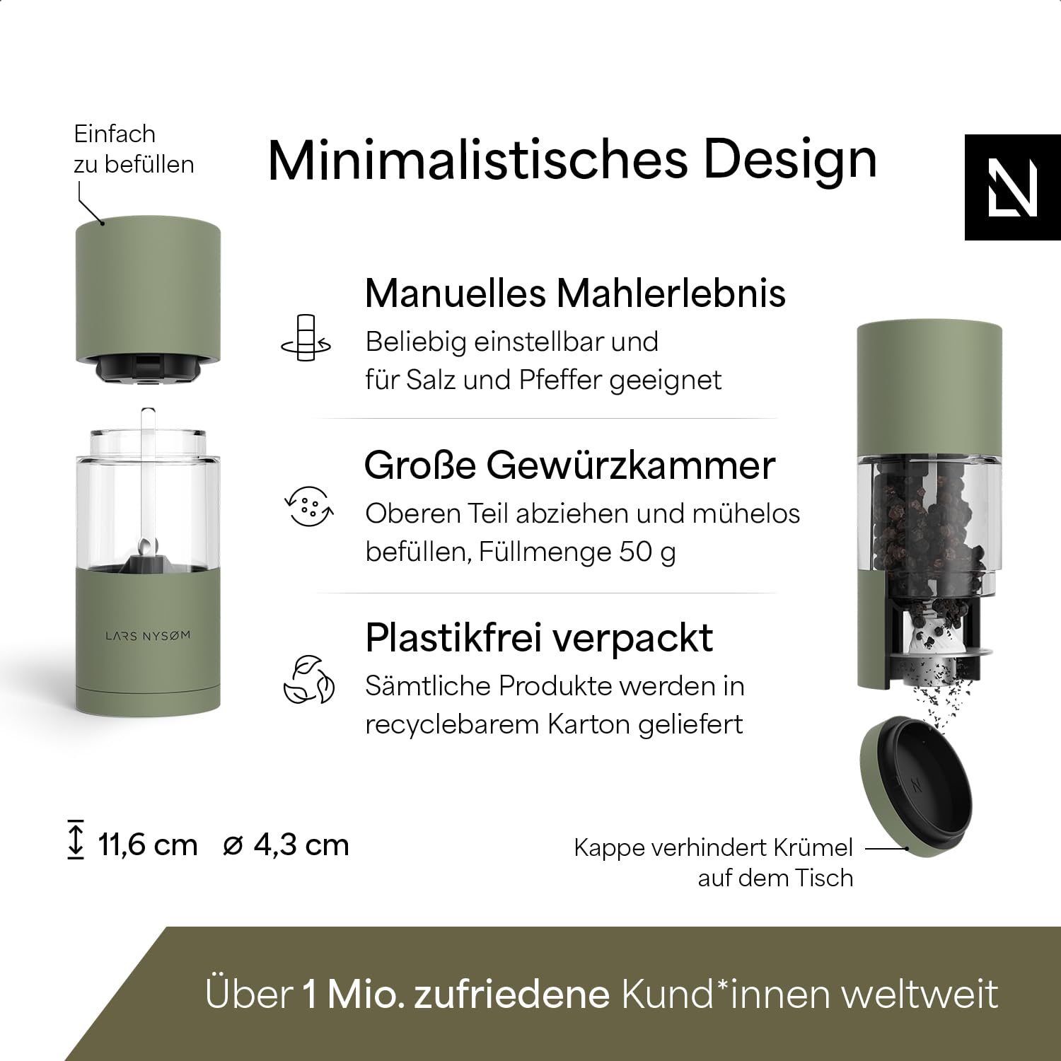 LARS NYSØM Salz und Pfeffermühle Set aus Edelstahl mit einstellbarem Keramikmahlwerk I Pfeffermühle und Salzmühle I Manuelle Gewürzmühlen (2 Stück) (Sage Green)