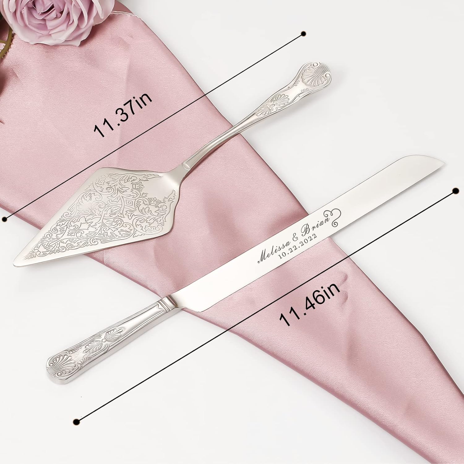 Silver Cake Knife and Server Set, Personalized Cake Cutting Set For Wedding, Pie Pizza Cutter Server Set, Engraved Pie Serving Set for Anniversary Birthday Party Gift (Silver)