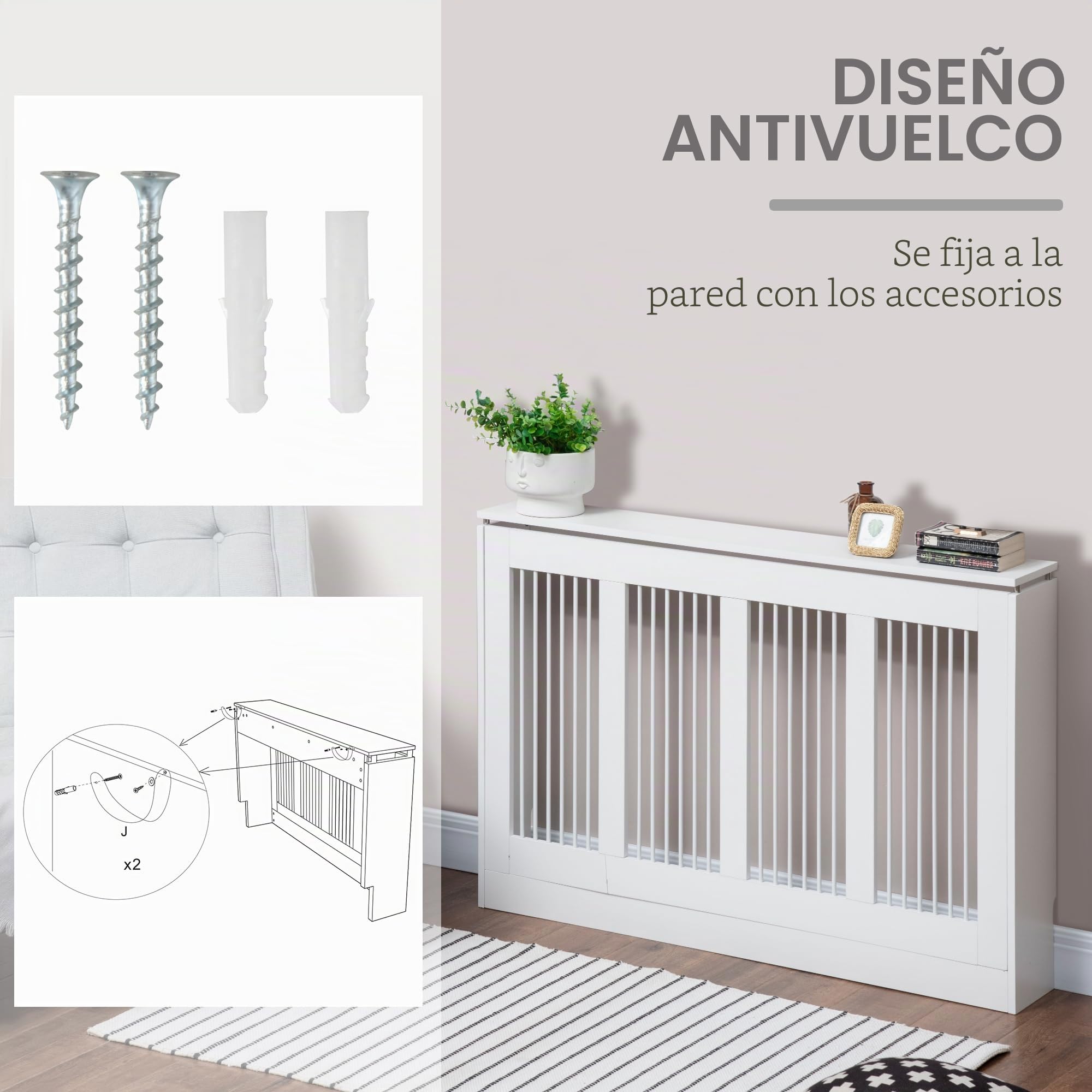HOMCOM Moderno y Elegante Cubreradiador de Lamas para el Hogar, MDF y Acero, 120x18x84cm, Blanco