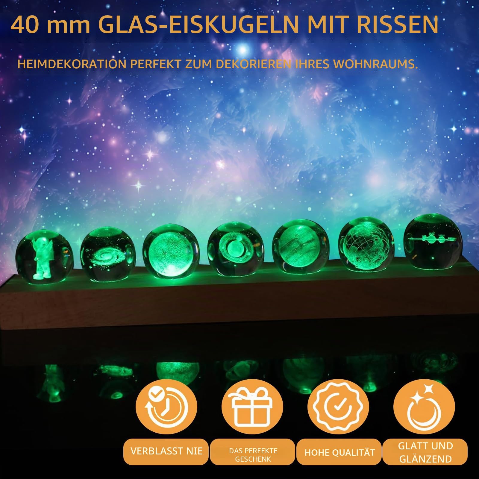 3D Kristallkugel Nachtlicht, 7 Planet Sonnensystem Glaskristallkugeln mit LED Holzsockel, 40mm Glaskugel LED Ball Lampe, Planeten Modell Kristallkugel Schreibtisch Dekor Astronomie Geschenk