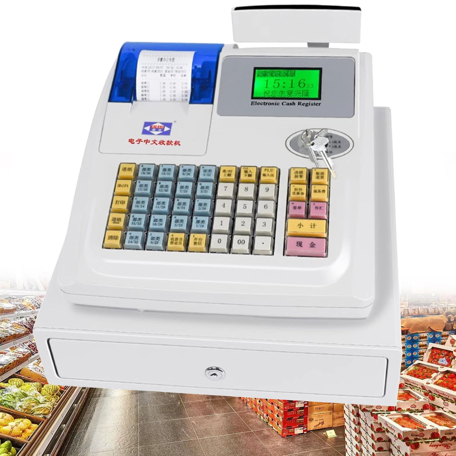NYANS Caja Registradora Electrónica 48 Teclas, para Supermercado Pequeño, Cajas Registradoras Inteligentes con Impresora Térmica, con Pantalla Visualización Cliente Tubo Digital LED de 8 bits,White