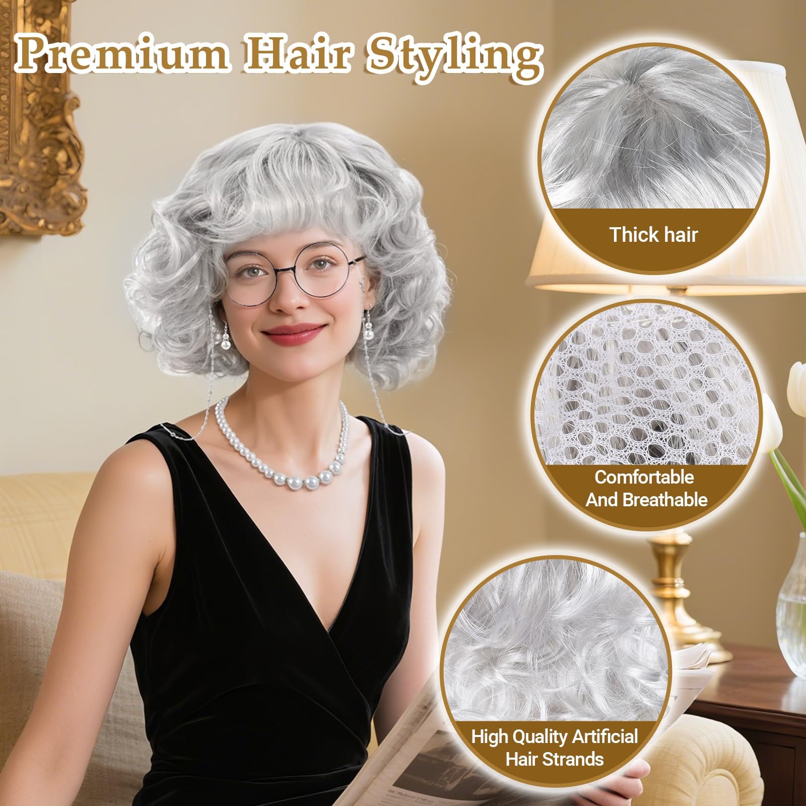 8Pcs Old Lady Costume Set,Grandma Fancy Dress with Granny Wig, Wig Cap, Glasses and Chain, Pearl Necklace Jewellery - Image 3