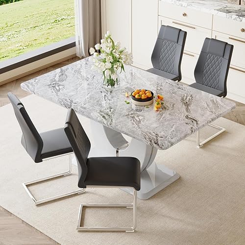 Miniatura 26 de JUFU Juego de mesa de comedor para 6 personas con sillas tapizadas de poliuretano, mesa y sillas de comedor de mármol sintético gris de 63 pulgadas,