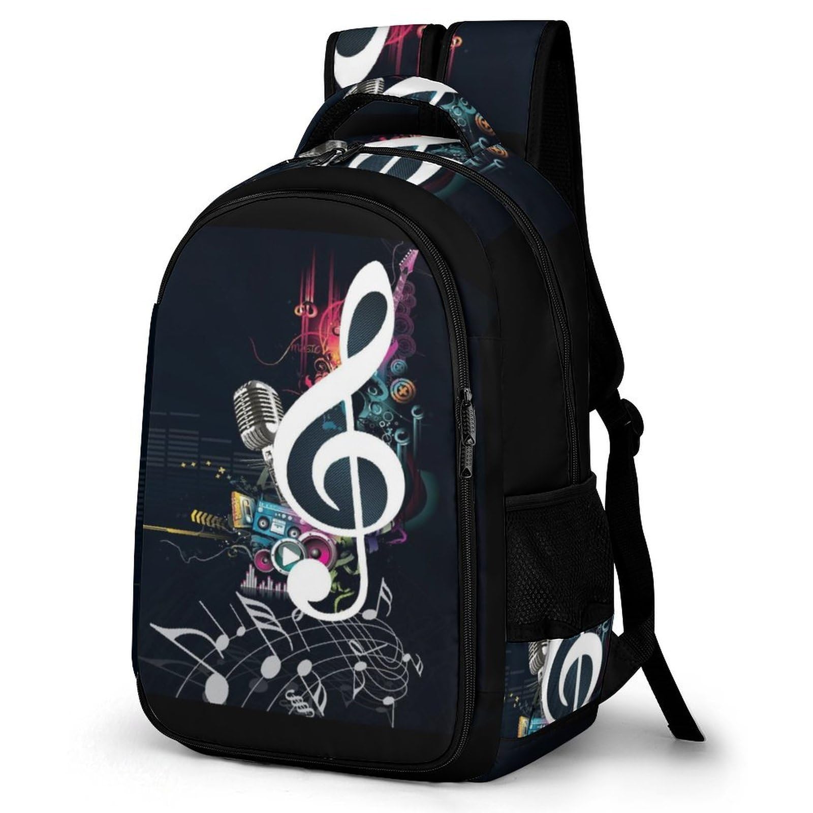 Tagesrucksack, brauner Rindsleder, Rucksack mit Taschen für Wandern, Camping, Reisen, Musiknoten, One Size