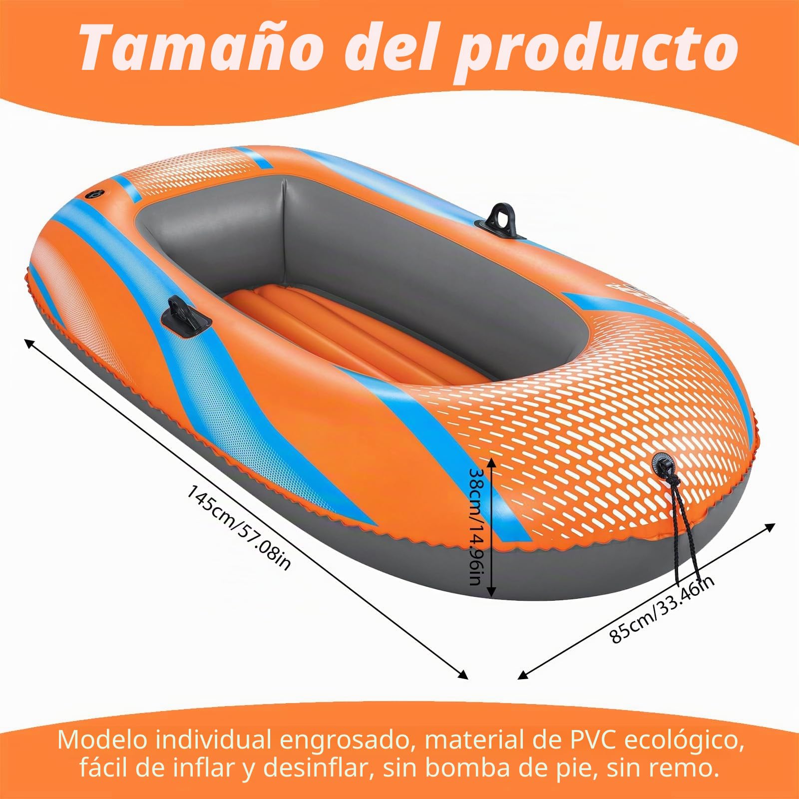 Barco de pesca inflable para una persona, bote inflable 1100D PVC, 3 cámaras de aire, raft One-Man (149 x 85 x 38 cm)