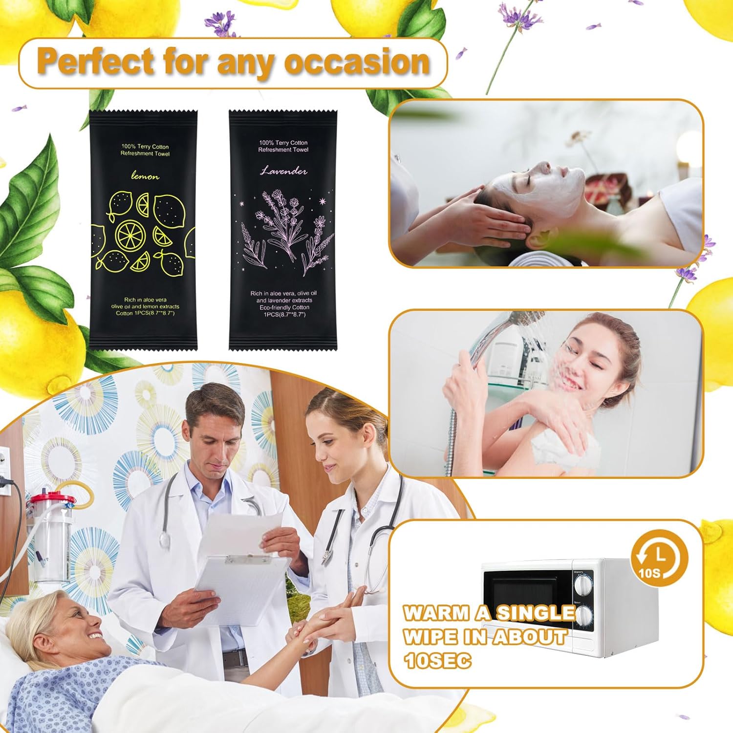 Moist Cotton Towel Bulk Moist Towelettes Individually Wrapped 8.7" x 8.7",White Towel Services,Refreshment Pre Moistened Towels Lavender and Lemon Scent for Travel Sport Party Spa Dentist Hote100
