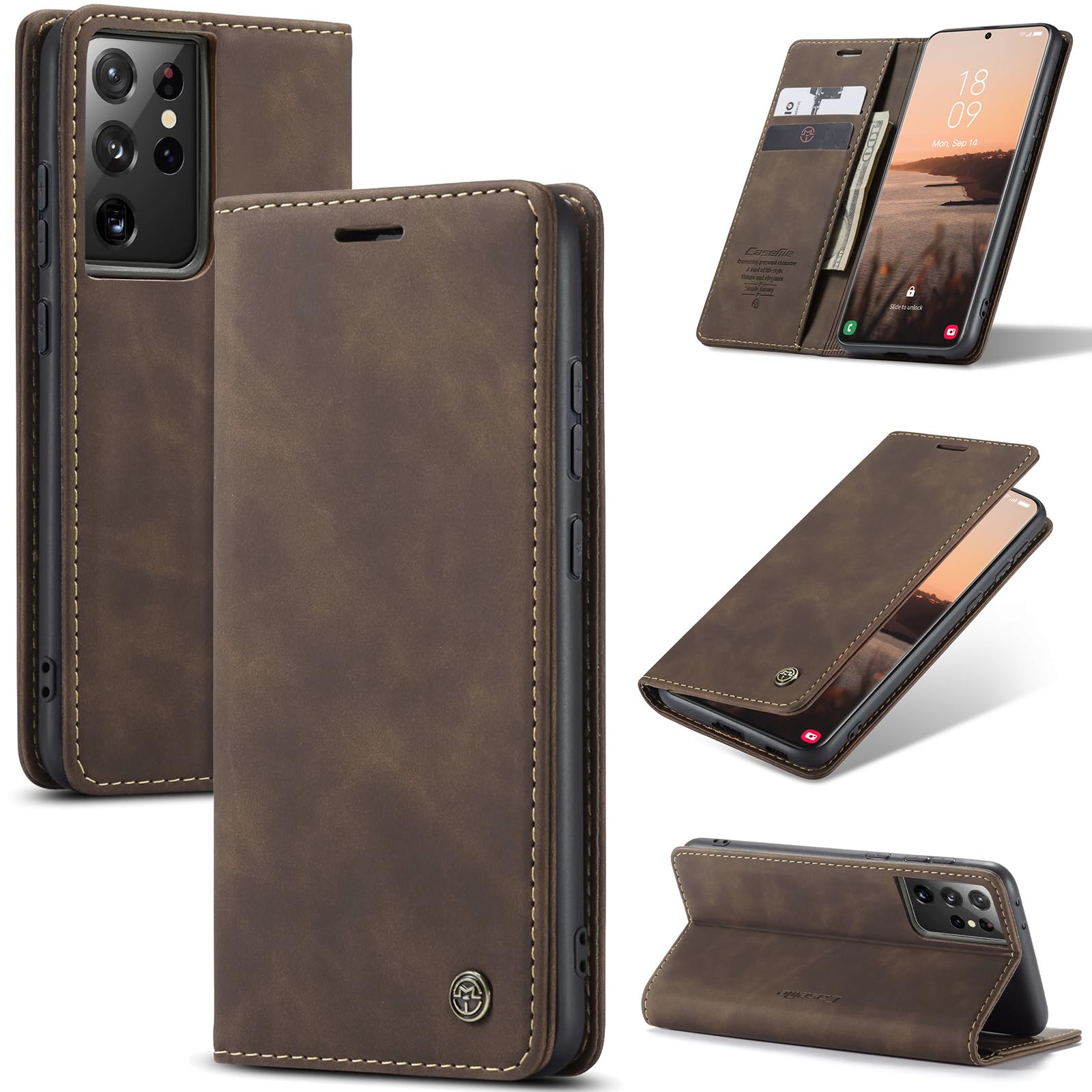Azororo Cover per Samsung Galaxy S21 Ultra 5G, Premium PU Pelle Custodia, Magnetica Carta Fessura Portafoglio Case, Flip Cavalletto Custodia per Samsung Galaxy S21 Ultra - Caffè