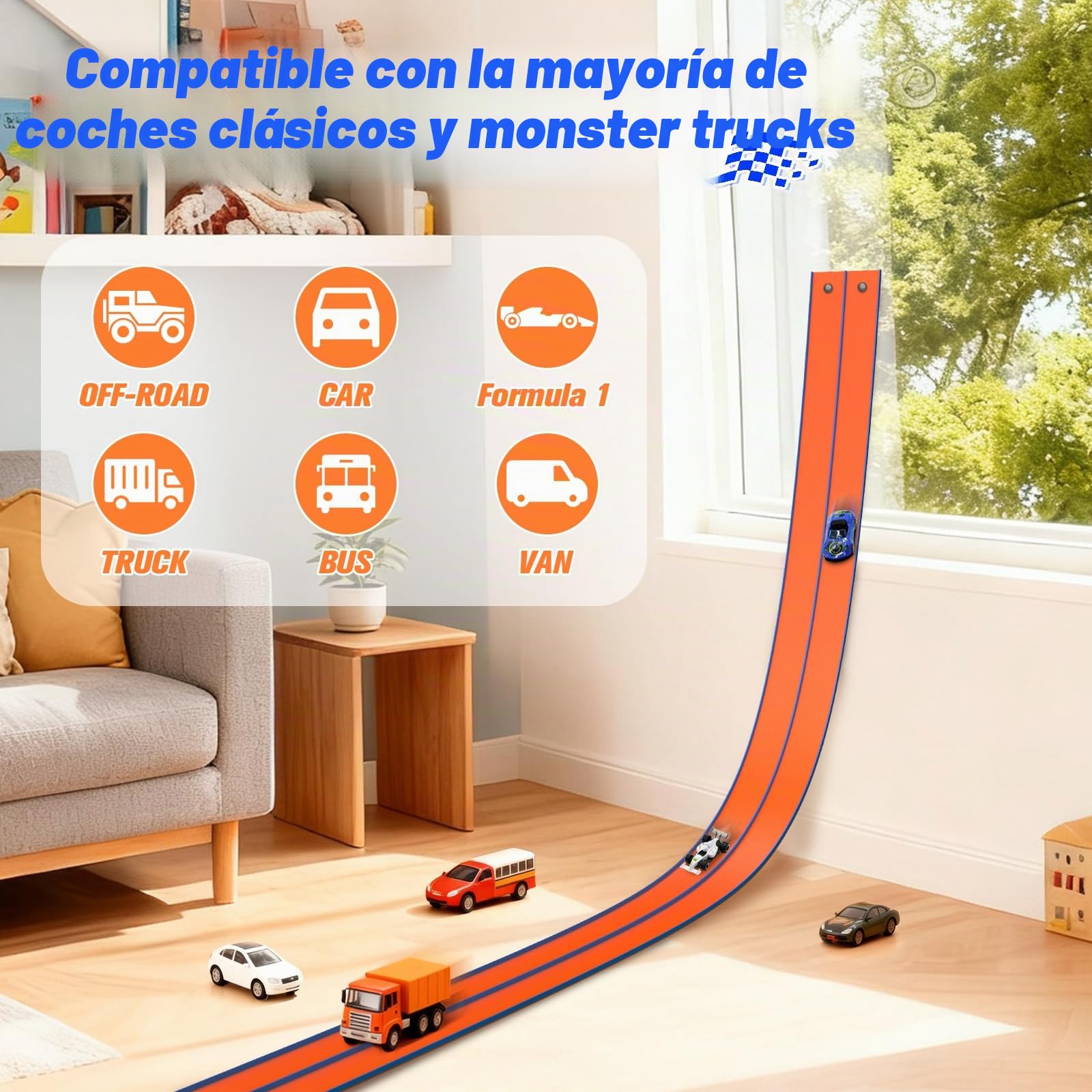 ACELIFE Carreras de Coches Flexibles, 4,5 m, Incluye 6 Coches, Rampas Portátiles de Doble Circuito, Rampas para Coches de 1/64, Regalo para Niños a Partir de 3 Años