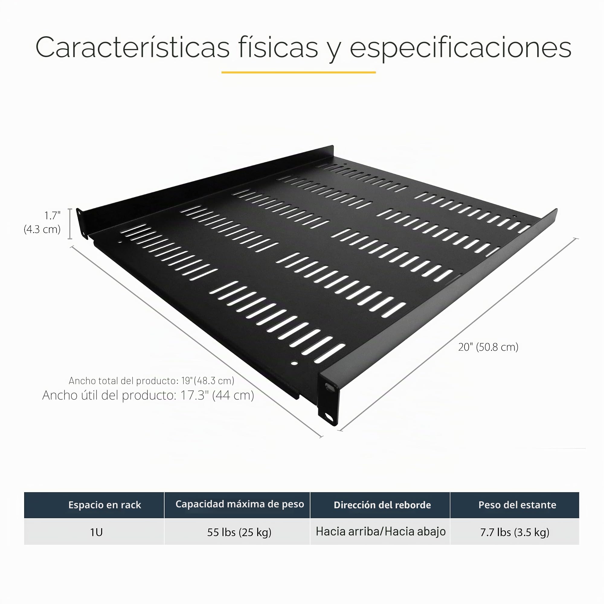 StarTech.com Estante Ventilado 1U para Armario Rack de Servidores, Bandeja Universal Voladiza para Montaje en Rack de 19", Capacidad de 25kg, de 20" de Profundidad, SHELF-1U-20-FIXED-V | Placa ventilada para flujo de aire, Bandeja en voladizo, Para rack d